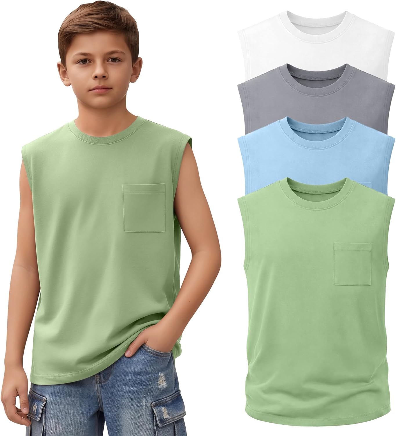 4 Pack Boys Tank Tops Sleeveless Shirts Athletic Casual Crewneck Active Kids Basic Tees with Pocket for Youth 5-14Y