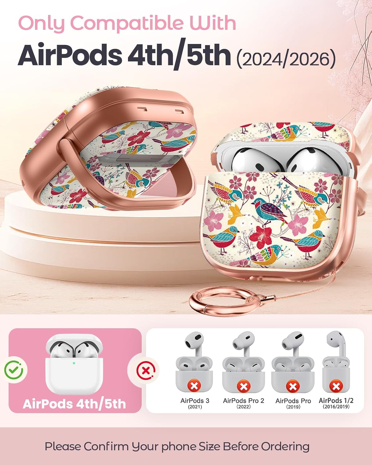 for AirPods 5th/4th Case with Safety Lock for Women, Flower Bird image 2