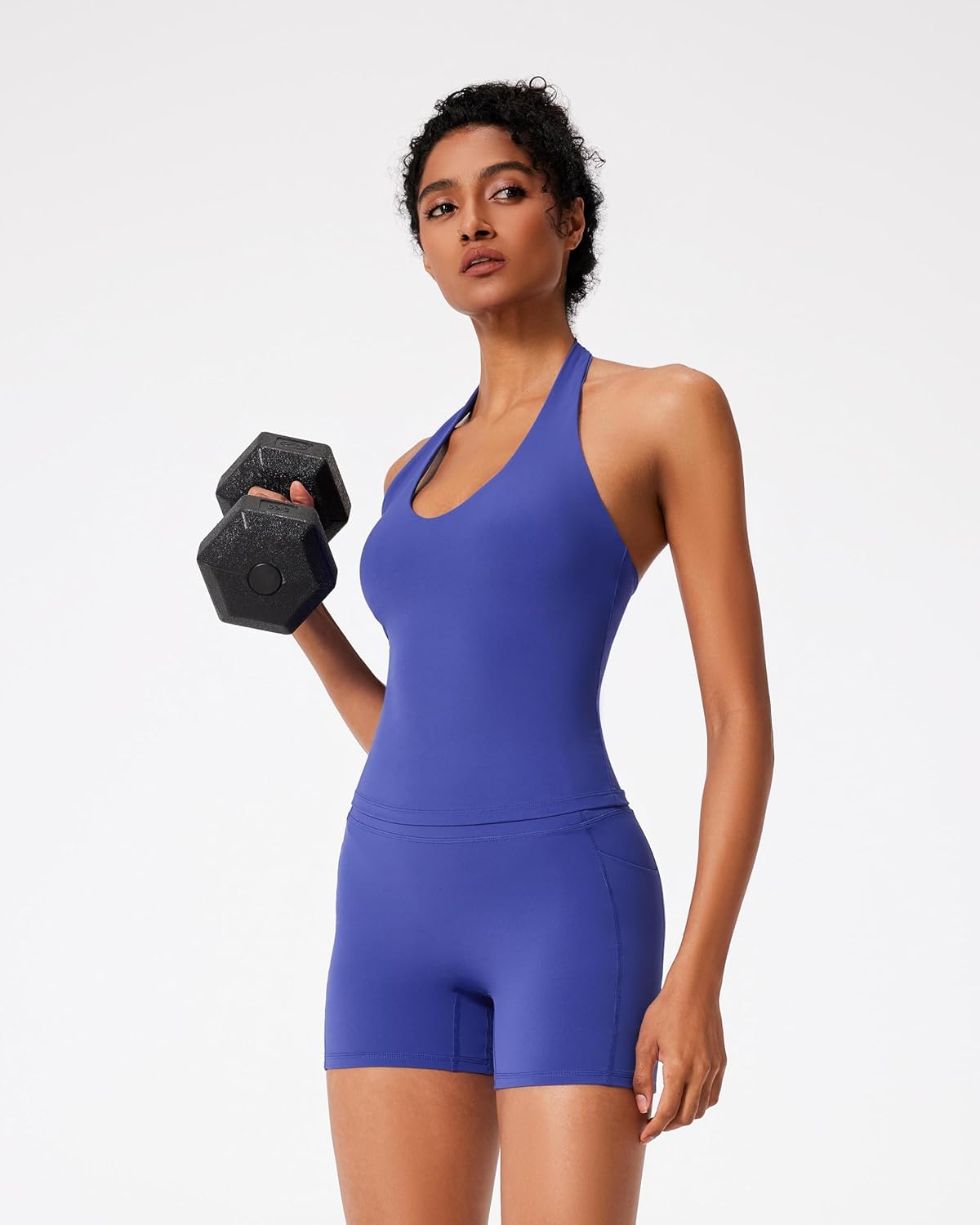 RXRXCOCO Halter Workout Sets for Women 2 Piece V Neck Tank Tops Hidden Scrunch Booty Shorts Gym Outfits with Pockets - Image 5