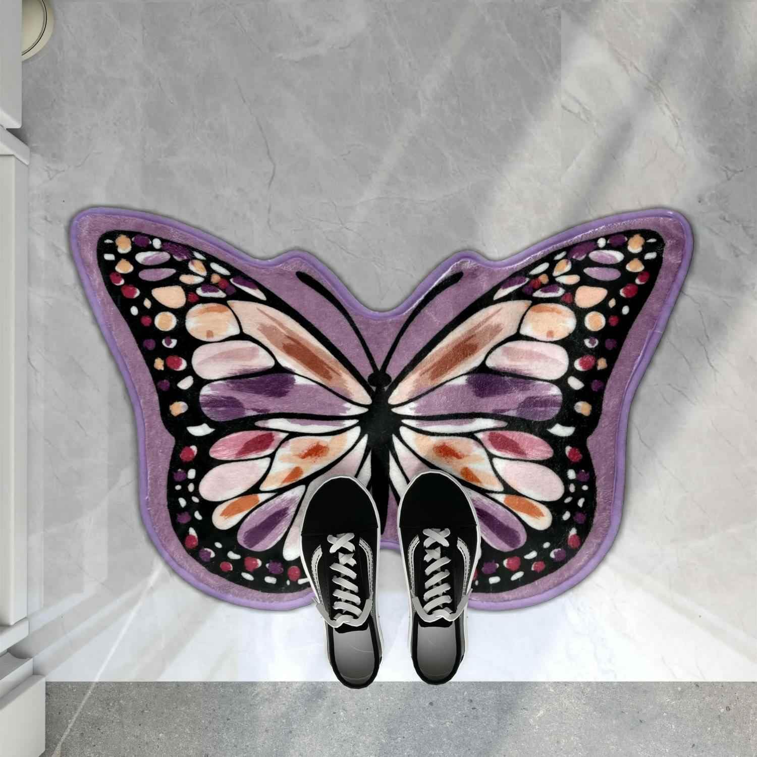Butterfly Shaped Area Rug, Soft and Fluffy Faux Wool Mat, Thin Doormat Not Bulky, Non Slip TPR Backing Foot Pad, Dry Feet Warmth Carpet for Inside Home Under Table By Bed, 29.5 x 19.2 inches, Purple