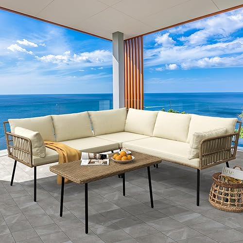 Miniatura 9 de YITAHOME Juego de muebles de patio de 4 piezas con muebles seccionales de 5 plazas para exteriores con cojines gruesos y mesa auxiliar, juego de