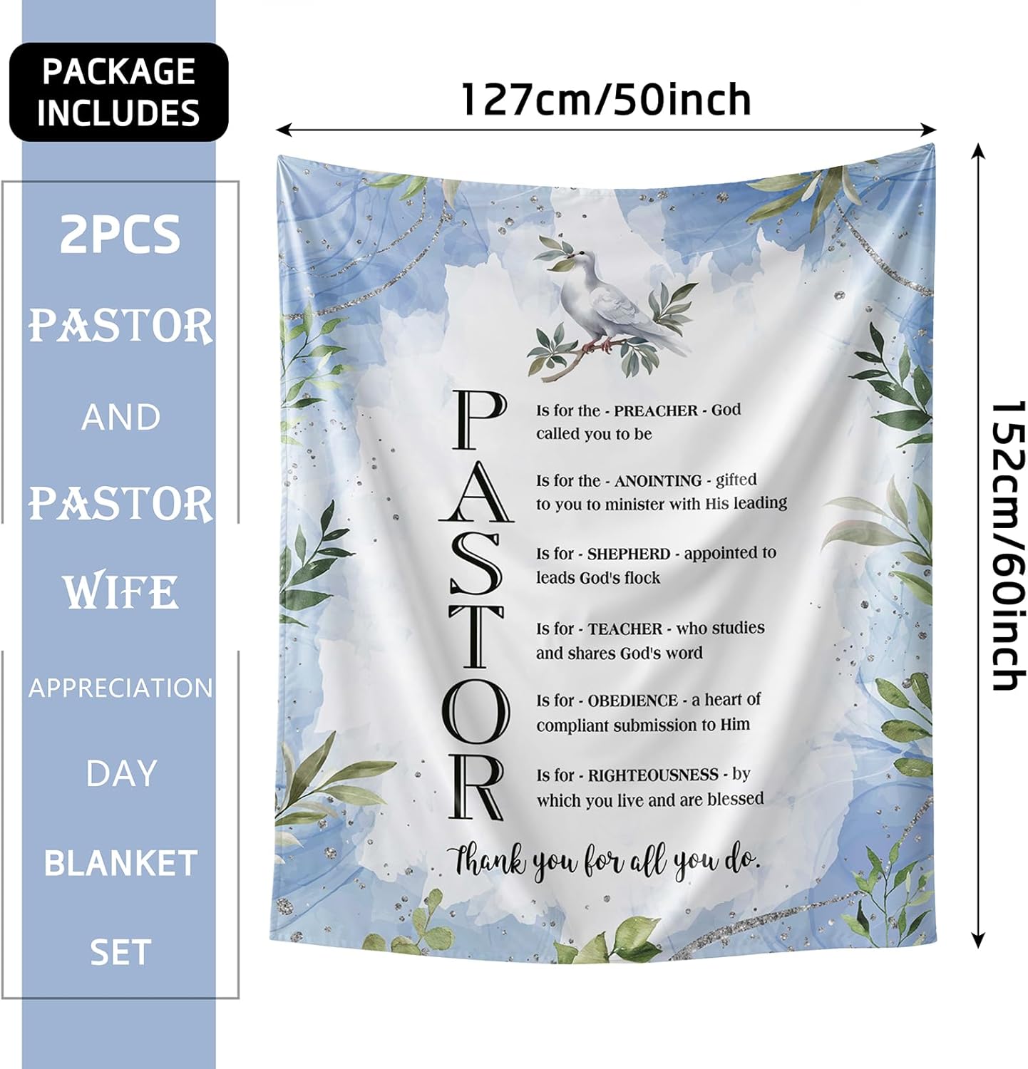 2Pcs Pastor Appreciation Day Blanket and Pastor Wife Appreciation Day Blanket Gifts Bulk Ideas - Unique Thank You Gifts for Men and Women, 60"x50" Throw Blankets, Decorations for Celebrations