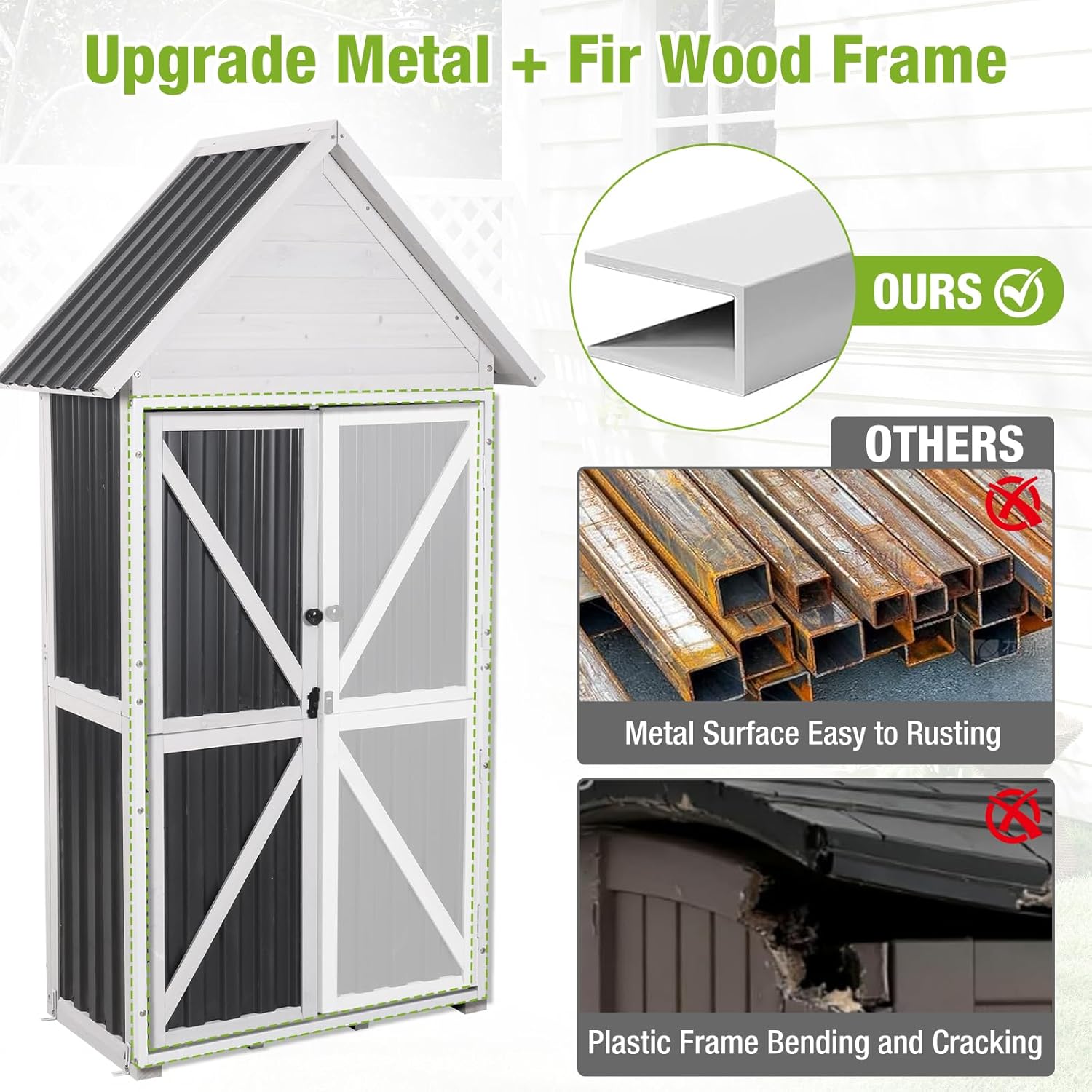 Outdoor Storage Shed with Metal and Wood Frame, Weatherproof Resin Panel and Roof Garden Sheds Garden Sheds with Adjustable Shelves, Tool House with Elevated Floor for Backyard Garden(Black)