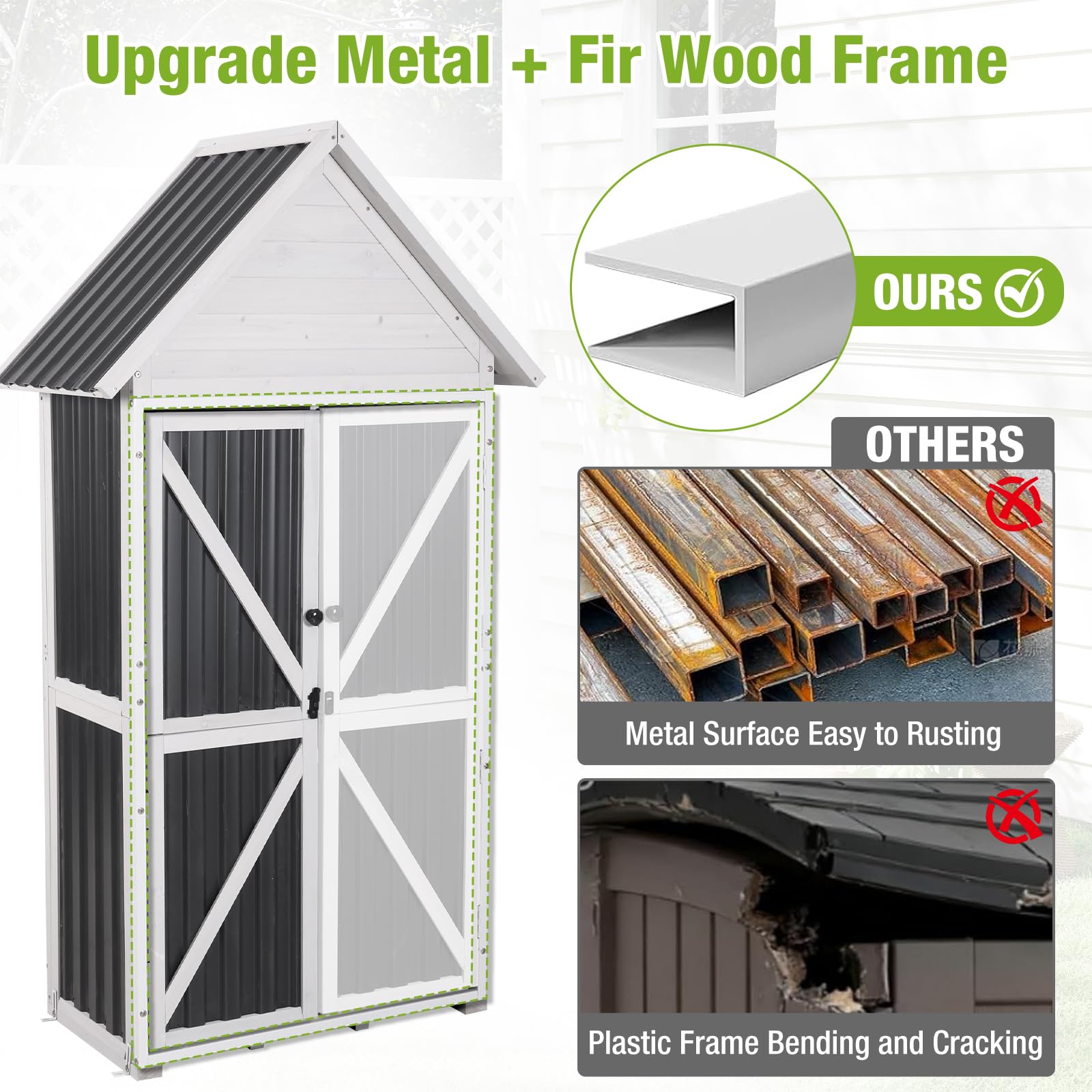 Condition photo showing New/Like New for outdoor storage shed with metal and wood frame, weatherproof resin panel and roof garden sheds garden sheds with adjustable shelves, tool house with elevated floor for backyard garden(black)