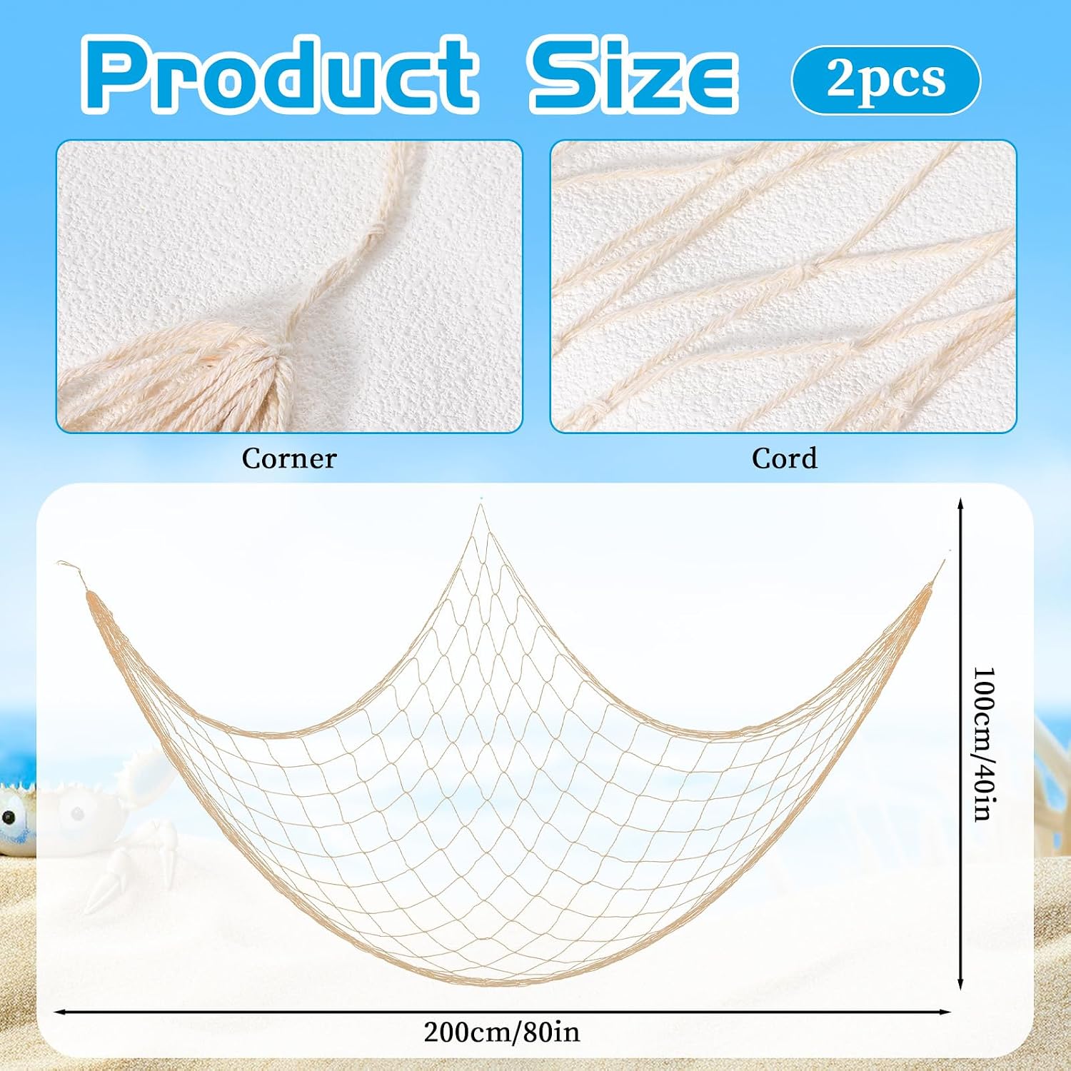 2 Pieces 80"x40" Fish Net Decorations for Party, Cotton Decorative Fishnet Beach Decorations Mermaid Nautical Hawaii Luau Ocean Themed Wall Hanging Bash Decoration Supplies (Beige)