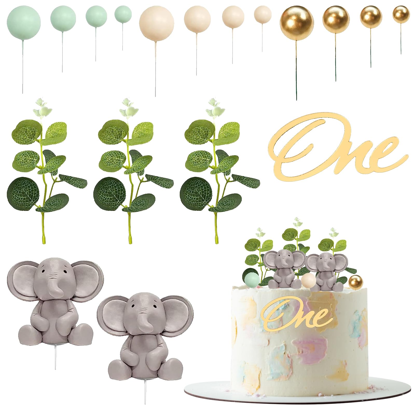 URROMA Elephant Theme Cake Decoration, 27 Pcs Grey Elephant Gold Pink Green Ball Gold One Cupcake Topper Animal Cake Topper for Party Supplies