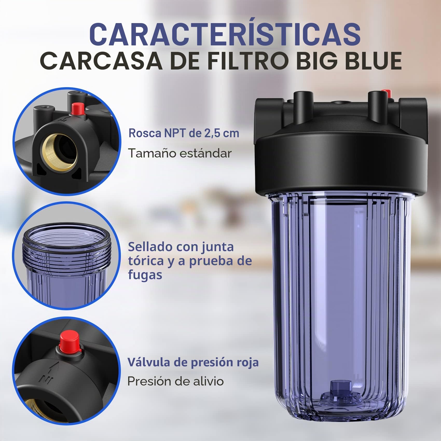 SimPure DB10C Filtro de Agua de 10"x4,5", Sistema de Filtración de Agua para Toda la Casa con Soporte & Llave, Entrada/salida de 1“ BSP Puerto de Latón
