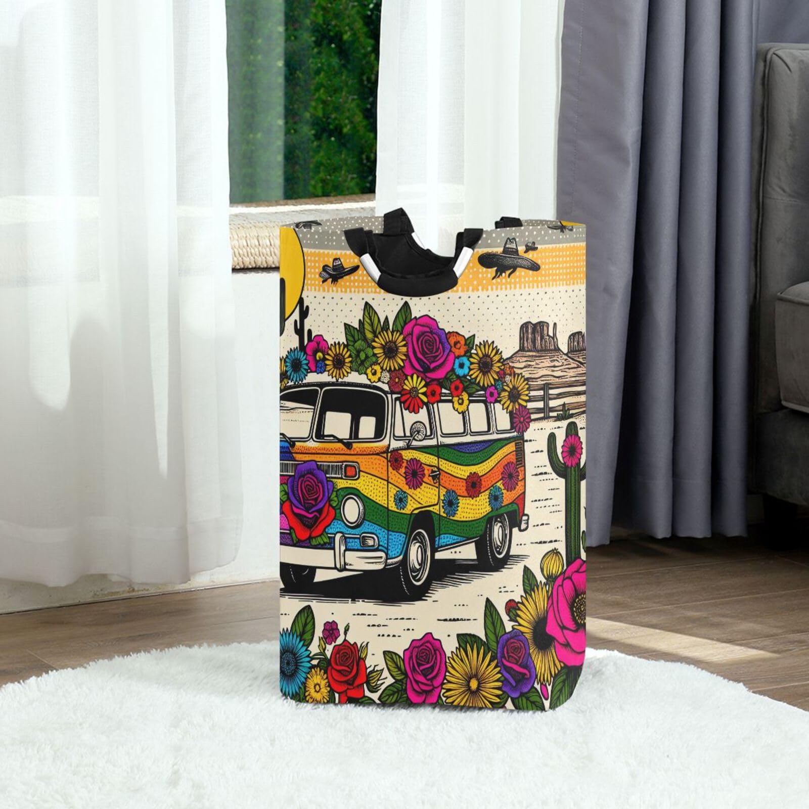 Jihqo Laundry Hamper Basket Western Desert Floral Bus Collapsible Nursery Storage Bin Waterproof Clothing Baskets for Home Bedroom Bathroom Washing Room