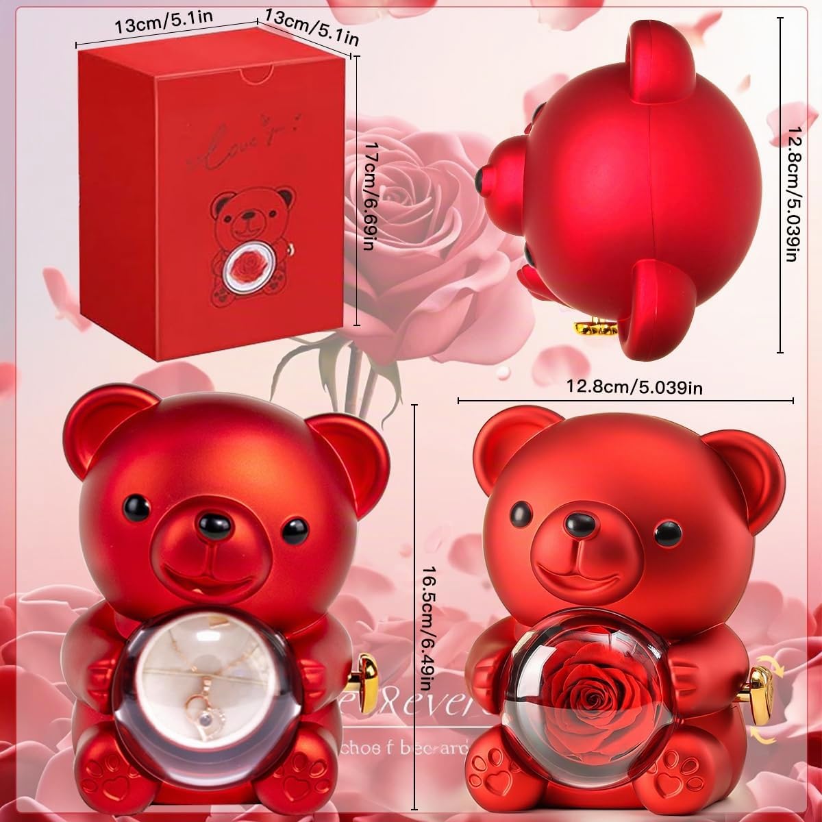 Oso con Rosa Eterna y Collar Te amo en 100 Idiomas, Caja de Regalo Romántica con Flor Preservada, Ideas de Regalo para Mujer, Mamá, Novia, Esposa en Navidad, San Valentín, Día de la Madre y Cumpleaños