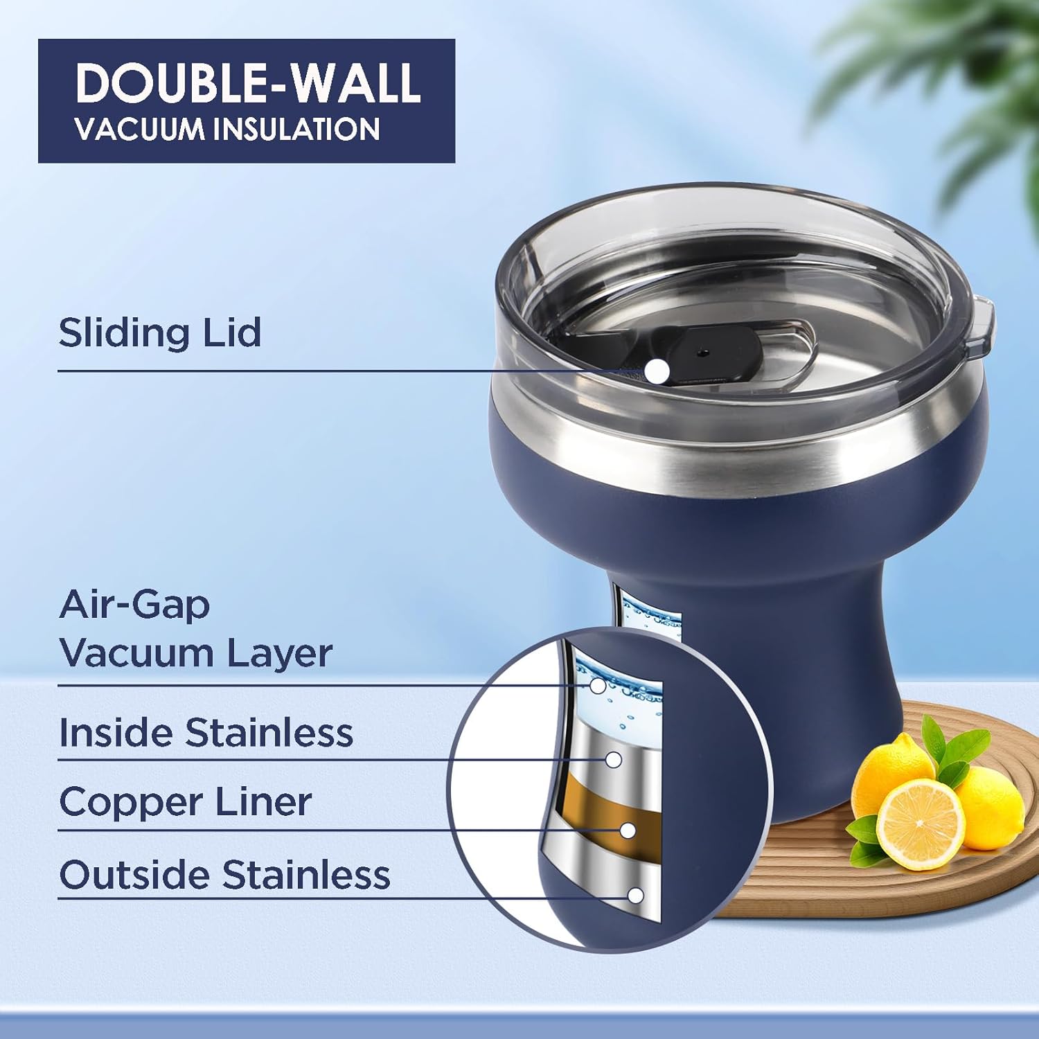 Olympia Tools Vacuum Insulated Stainless Steel Martini Glass, Set of 4, Martinis Stay Icy Cold Stemless Cocktail Glasses, Elegant Home Entertaining Bold Beautiful Barware, Set 12 oz, Navy/Gray