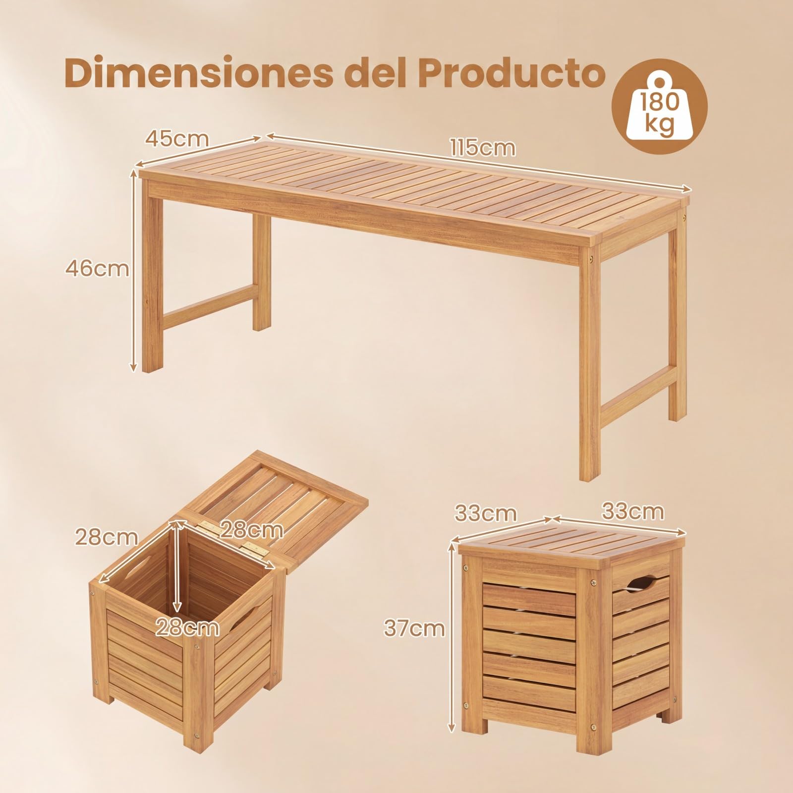 COSTWAY Banco Jardín de Madera Acacia con 3 Cajas de Almacenamiento, Banco Exterior sin Respaldo con Listones, Cajas de Tapa, Terraza Porche Balcón Piscina, 115 x 45 x 46 cm