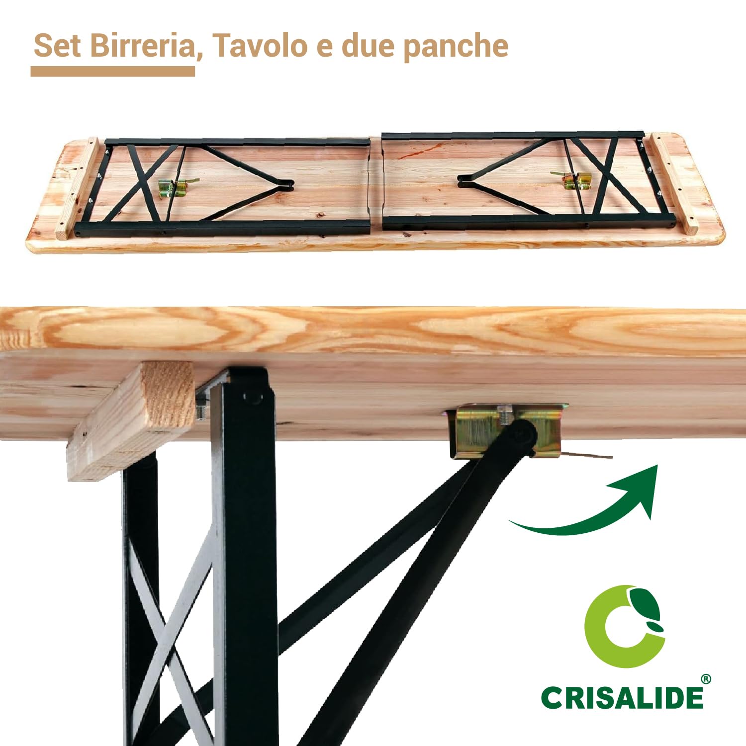 Crisalide® Set Birreria Pieghevole in Legno di Abete Tavolo 220 cm con 2 Panche Struttura in Acciaio Rinforzato 70x80 cm