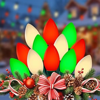 Konictom 25FT Vintage C9 LED Christmas Lights - Red, Green, White with 26 Shatterproof Plastic Bulbs - Connectable Outdoor Lights for Trees, Gardens, Party, Holiday