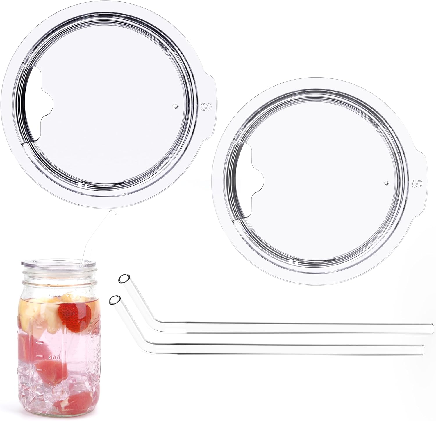 Reusable Wide Mouth Mason Jar Lids with Glass Straw Hole -Fit 2.9-inch Wide Mouth Jars, Compatible with Ball 16oz & 32oz Jar, BPA-Free Straw Lids (Jars Not Included)-2-Pack