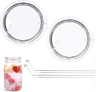 2-Pack Reusable Wide Mouth Mason Jar Lids with Glass Straw Hole -Fit 2.9-inch Wide Mouth Jars, Compatible with Ball 16oz & 32oz Jar, BPA-Free Straw Lids (Jars Not Included)