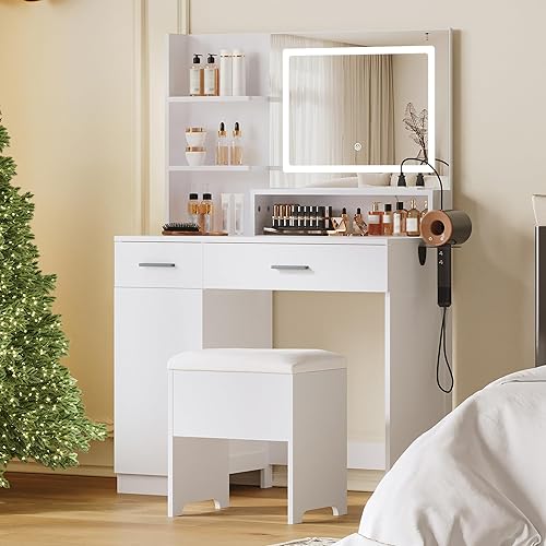 Miniatura 8 de Escritorio de tocador con espejo LED y luces, juego de tocador de maquillaje con silla, toma de corriente, cajones, gabinete, tocador con estantes