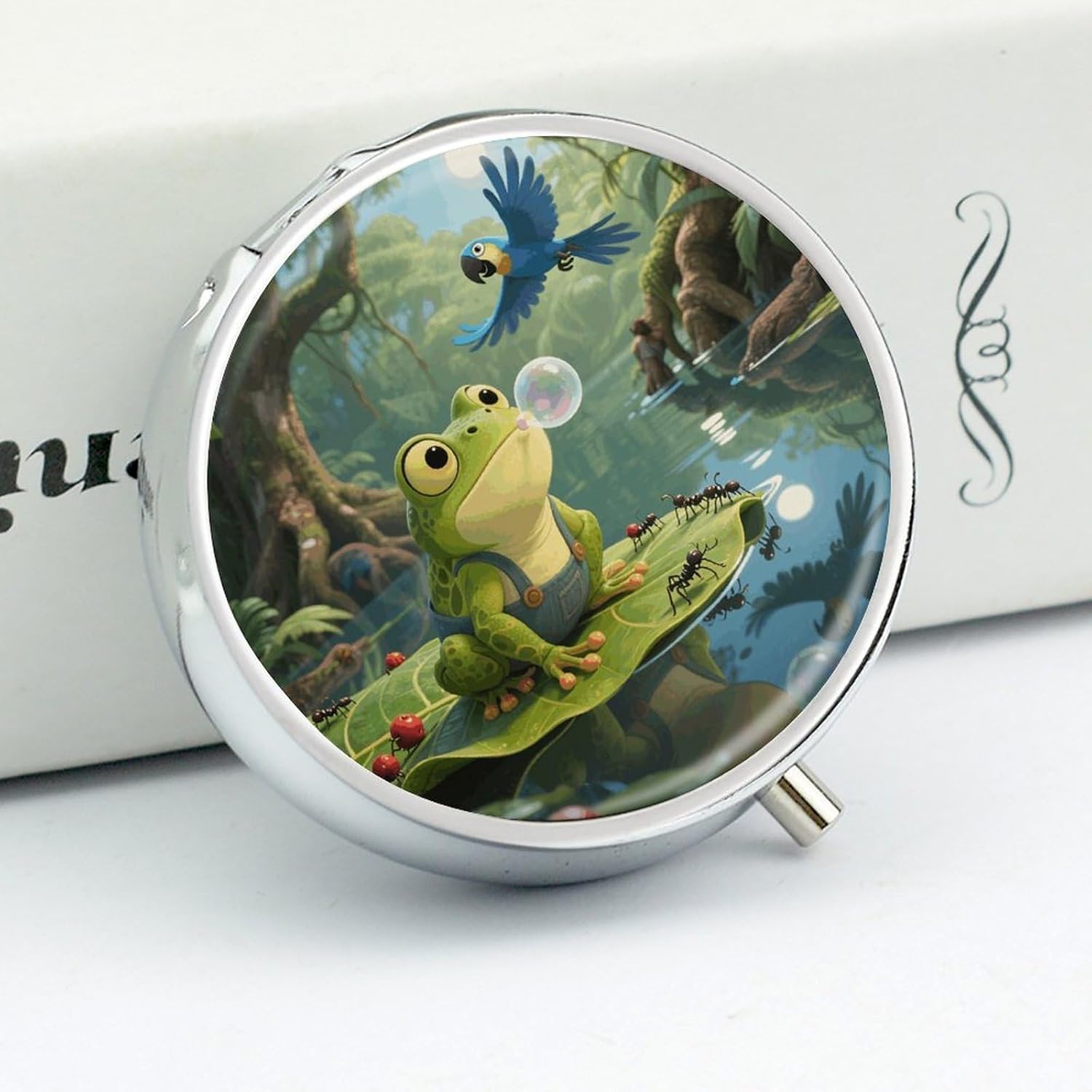 Round Silver Pill Box Small Pill Case for Purse and Pocket 3 Compartment image 4