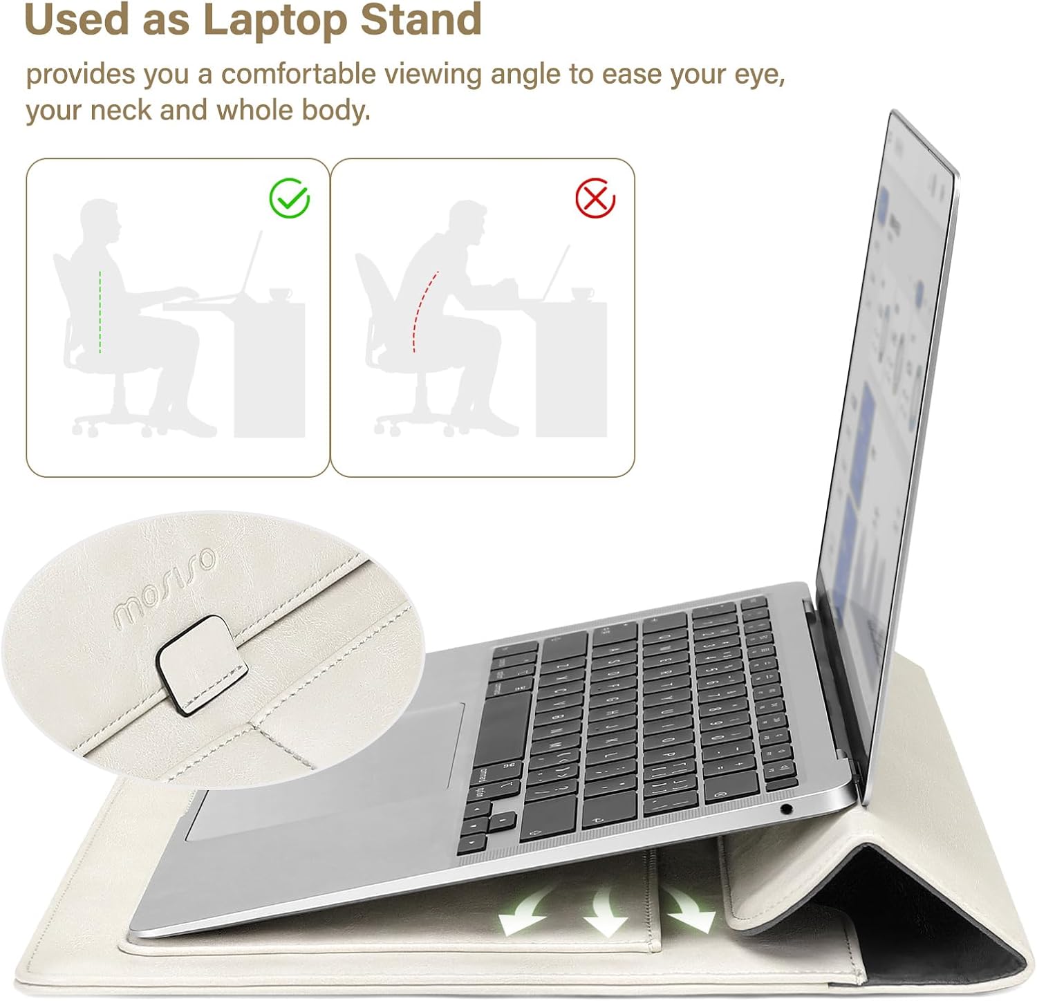 MOSISO 13 inch PU Leather Flap Laptop Sleeve with Stand&Pouch&Compatible with MacBook Air 13 inch Case 2024-2022 M3 M2, Anti-Fingerprint Square Grid PU Leather Coated Shell&Keyboard Cover, Beige