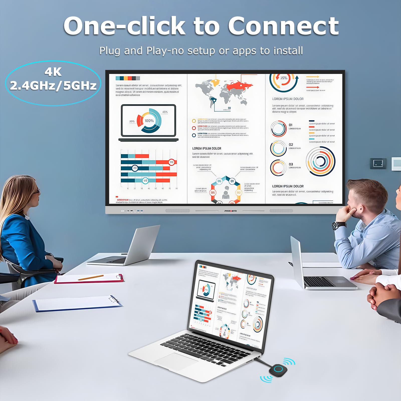 PWR4GTR 4K Wireless Display Adapter, Screen Wireless Transmitter USB Wireless Extender, Plug & Play, Support 2.4/5GHz for Streaming Video/Audio/File to Smart Whiteboard from Laptop/PC/iPad/Tablet/Mac