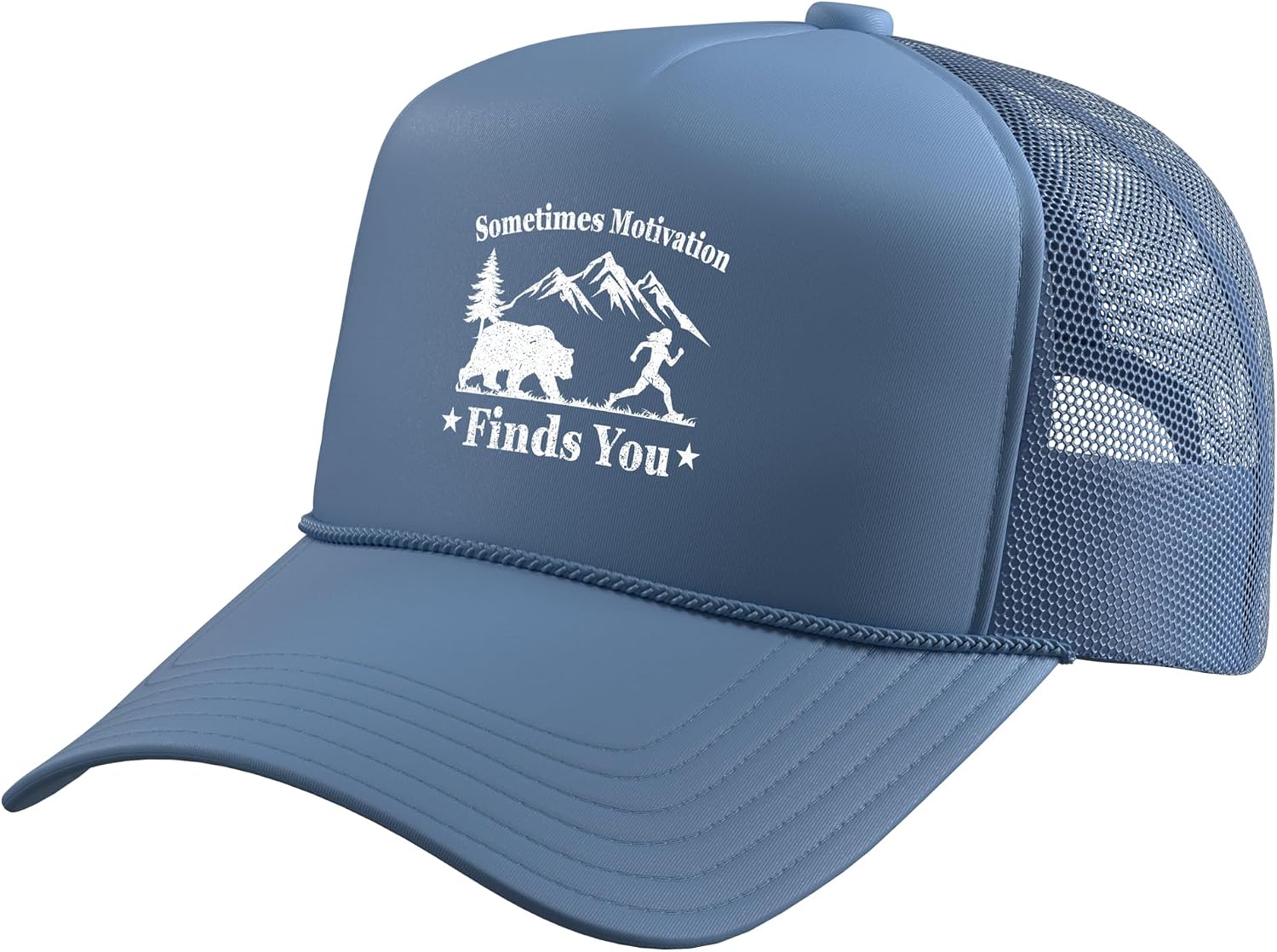 Sometimes Motivation Finds You Bear Funny Camping Run Trucker Hat with Adjustable Mesh Back