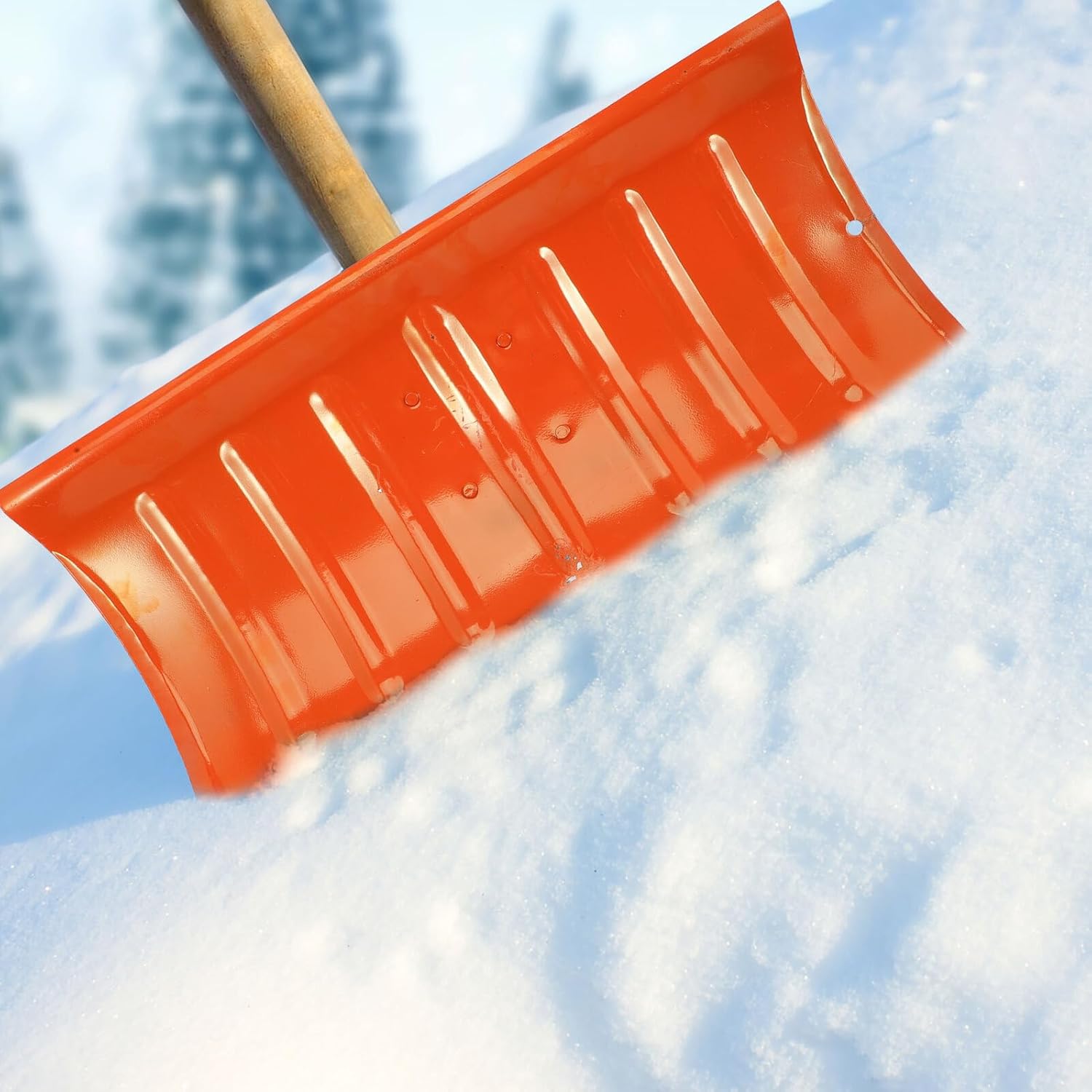 Iron Snow Shovel with Replaceable Manganese Steel Blade, Orange Snow Cleaner for Driveway and Outdoor Ice Removal