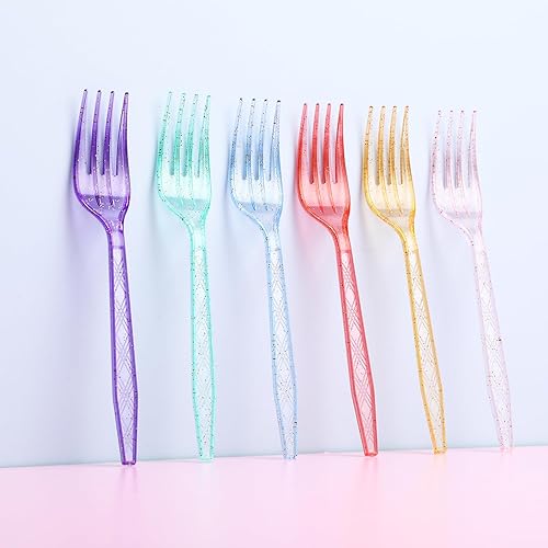 Vista 24 de Tioncy 360 tenedores de plástico desechables arcoíris a granel coloridos cubiertos desechables de plástico neón para fiesta de Acción de Gracias