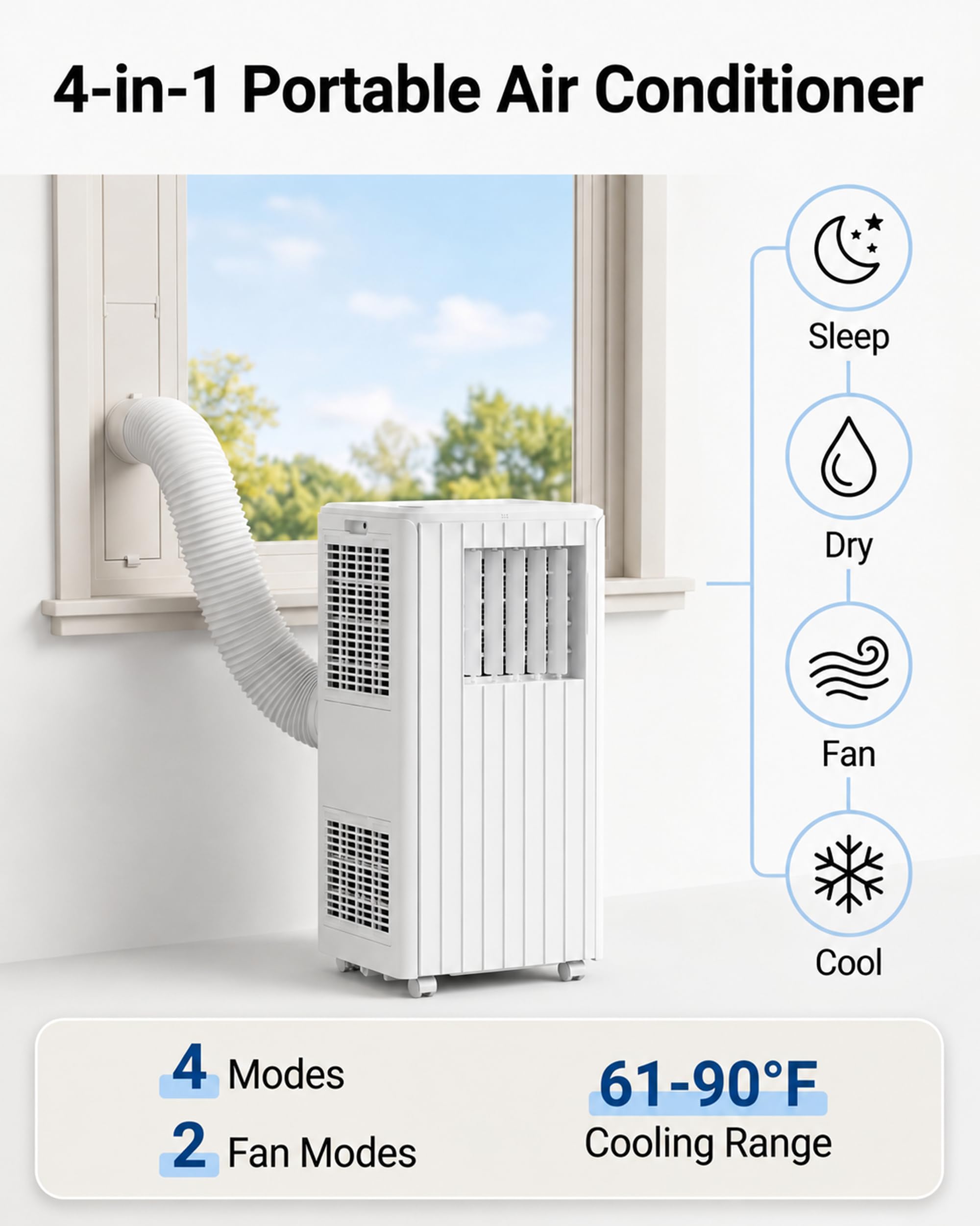 Climatiseur mobile, 8000 BTU, refroidit la pièce jusqu'à 350 mètres carrés, unité AC 3 en 1 avec mode déshumidificateur et ventilateur, télécommande, ultra silencieux 48 dB, blanc et