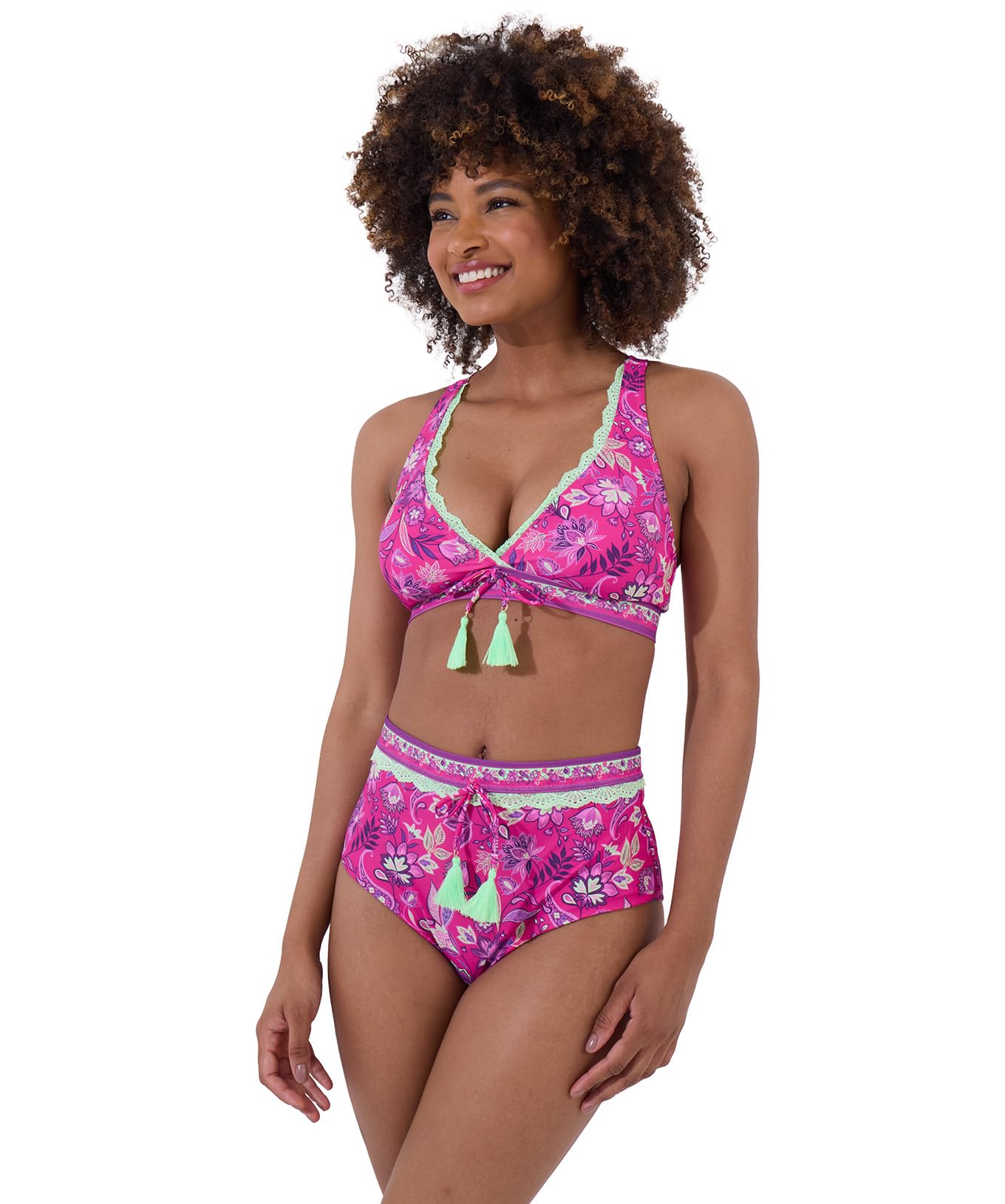 Joe Browns Women's Fashion Bright Tropical Print Neon Lace Trim Bikini Top, Pink, UK 16