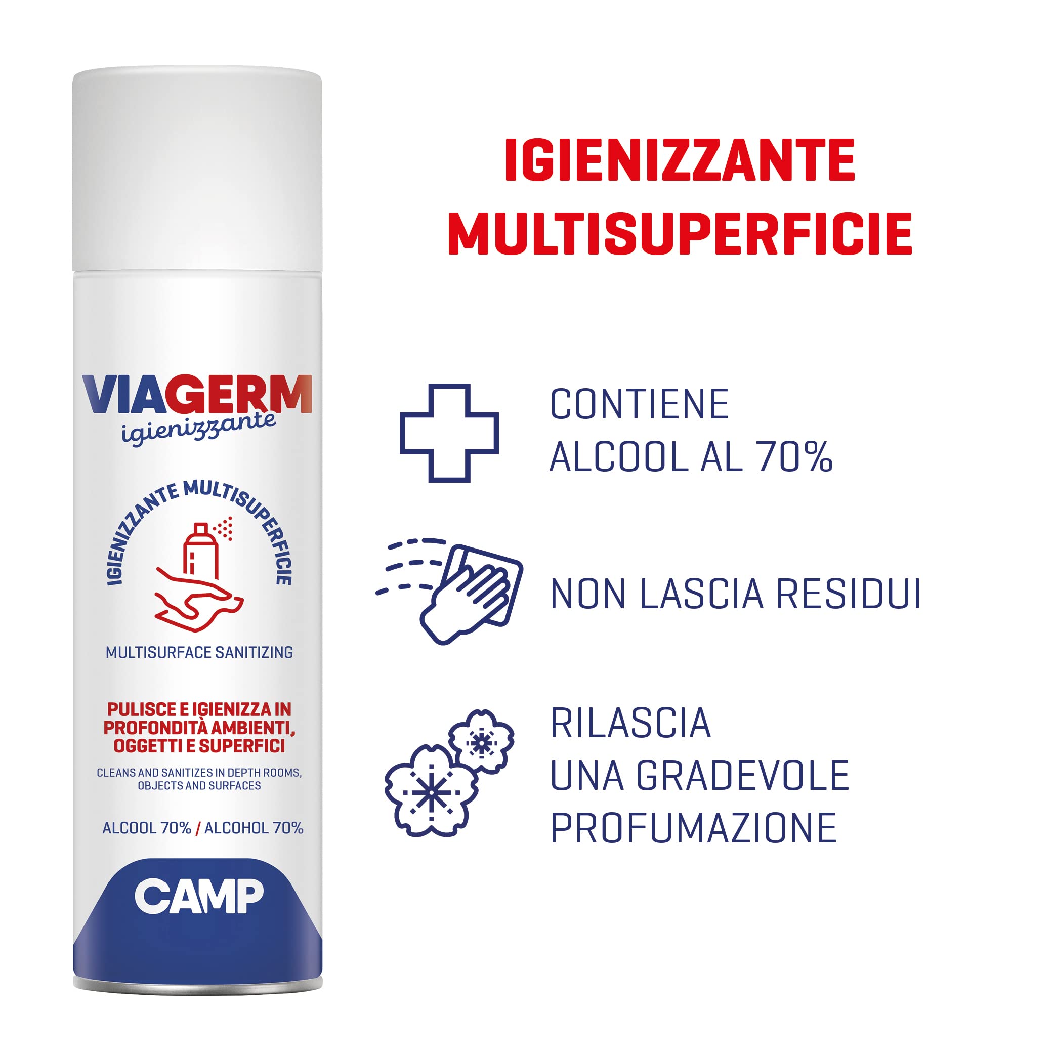 CAMP Viagerm Igienizzante Multisuperficie Spray con alcool 70%, Pack 12x500ml