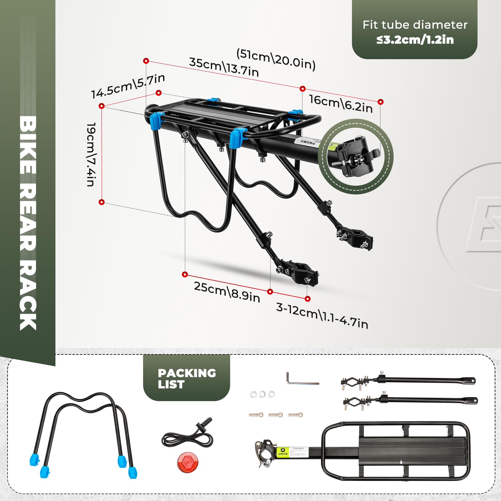 ROCKBROS Fahrrad Gepäckträger Universal Alum Mountainbike Gepäckträger mit Reflektor und Schnellspanner Maximalbelastung 75kg für 24-29 Zoll Mountainbikes, Rennräder, Citybikes