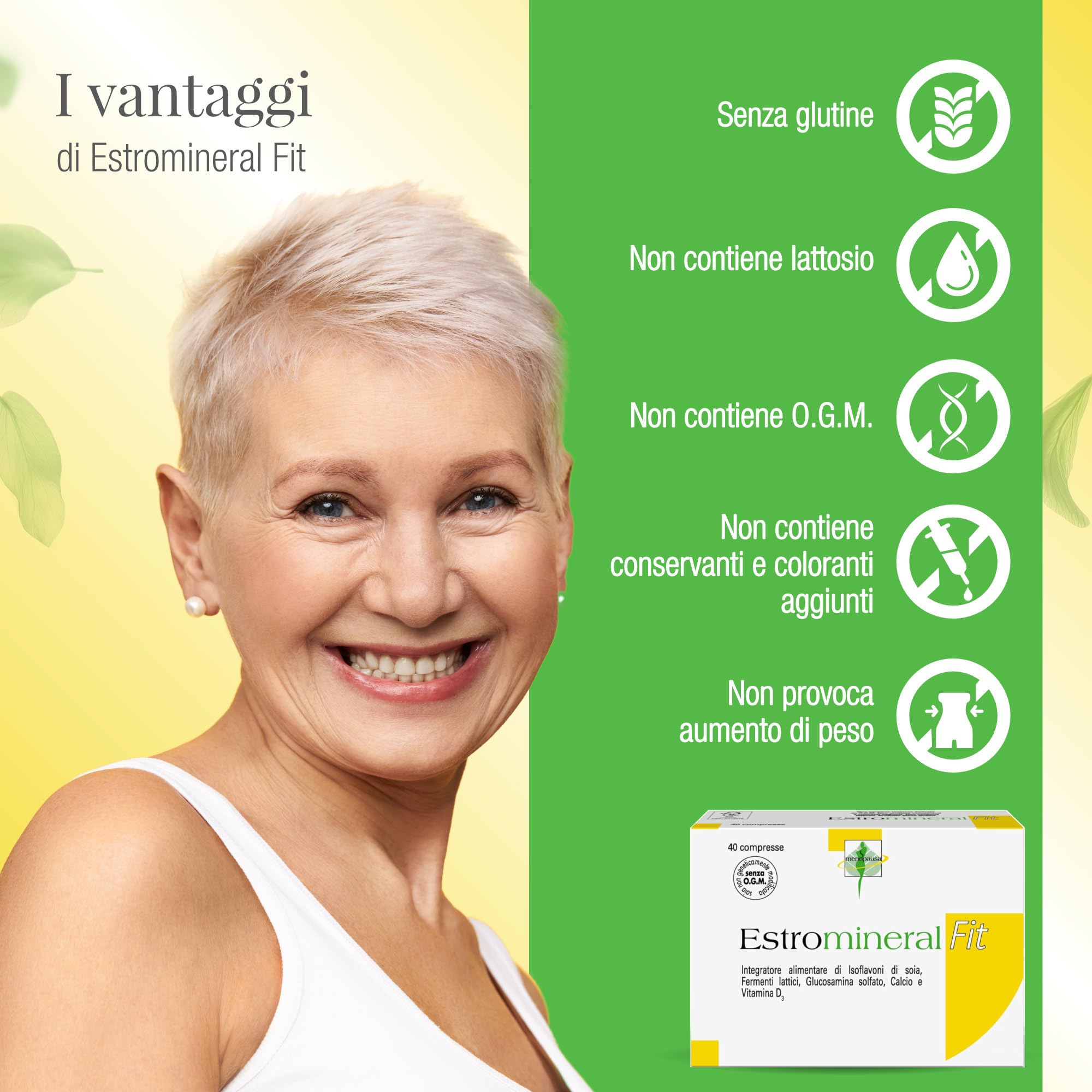 Estromineral Fit, Integratore Menopausa e Ossa, 40 Compresse con Isoflavoni di Soia, Fermenti Lattici, Glucosamina Solfato, Calcio e Vitamina D3, Senza Glutine e Senza Lattosio