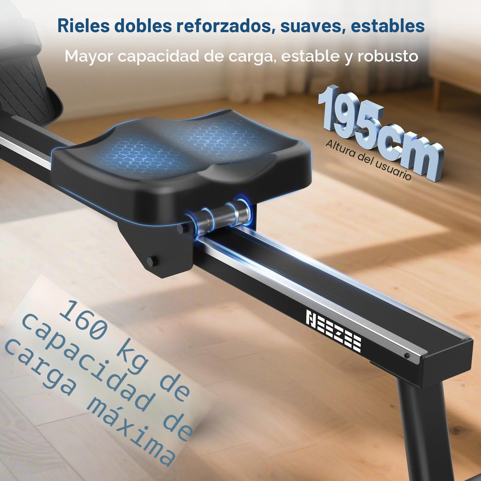 Neezee Máquina de remo para el hogar, remo de agua con monitor Bluetooth profesional y soporte para tableta, carga máxima de 150 kg, almacenamiento vertical, ruedas de transporte para facilitar el