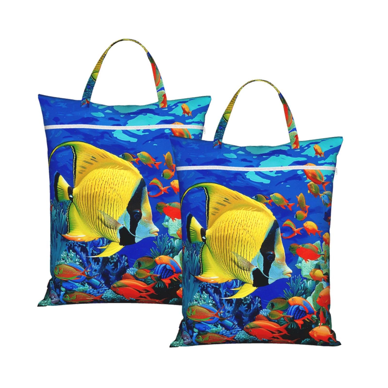 Large Travel Laundry Bags,Tropical Sea Fish Print with Handle Foldable Laundry Bag for Holidays Gym Swimming and Family Trips, 2Pcs