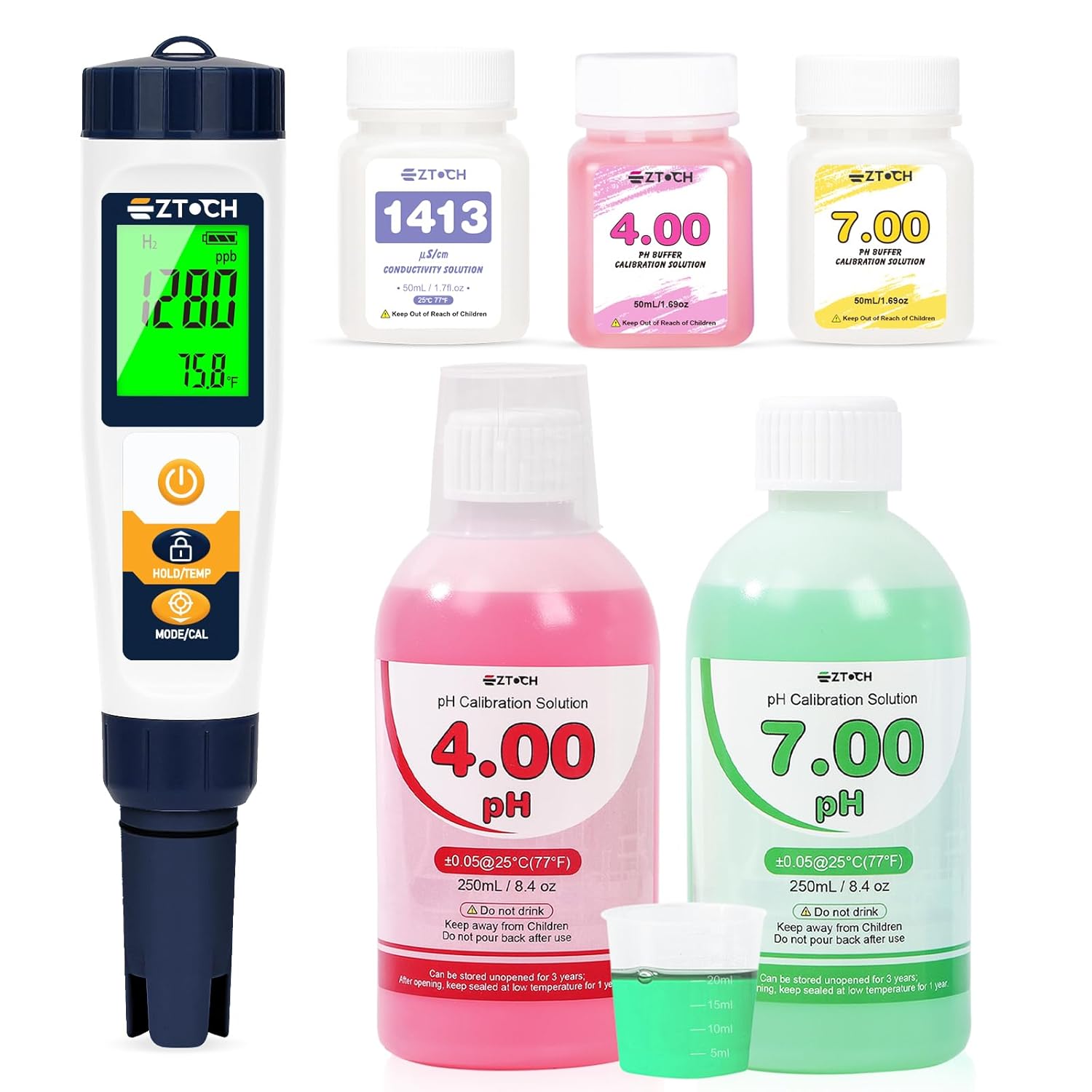 6 in 1 pH H2 EC ORP Tester and 8.4oz pH4+7 Calibration Solution, pH TDS EC ORP Drinking Water and Hydroponic Meter with 8.4oz pH 4.00 Calibration Solution and 8.4oz pH 7.00 Calibration Solution