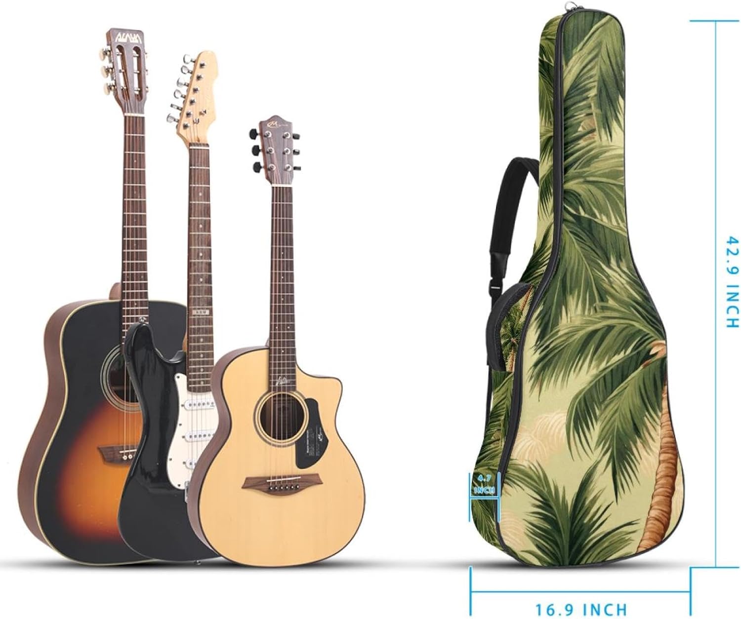 40 41 42 Inch Guitar Bags, Waterproof Padded Acoustic Guitar Case Backpack with Adjustable Shoulder Strap & Pockets, Tropical Palm Trees