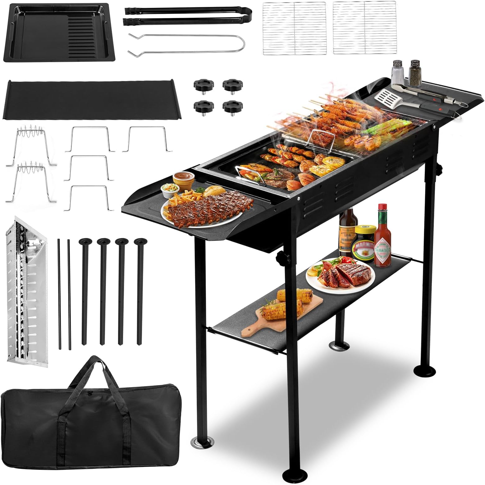 Outvita Portable Charcoal Grill, Foldable Barbecue Grill with Storage Shelf and Carry Bag for Outdoor Cooking Camping Hiking Party Picnic Garden Beach