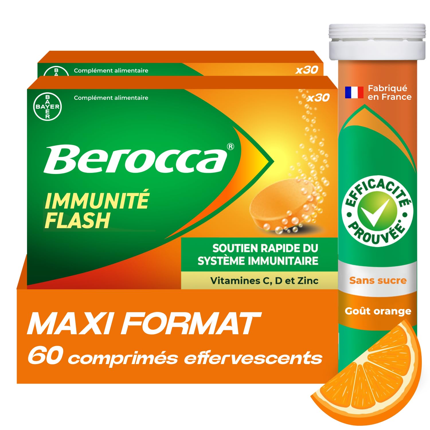 Berocca Immunité Flash - Soutient Système Immunitaire - Complément Alimentaire Immunité - Zinc, Vitamine D & C - Multivitamines et Minéraux - Goût Orange - Maxi Format 60 Comprimés Effervescents