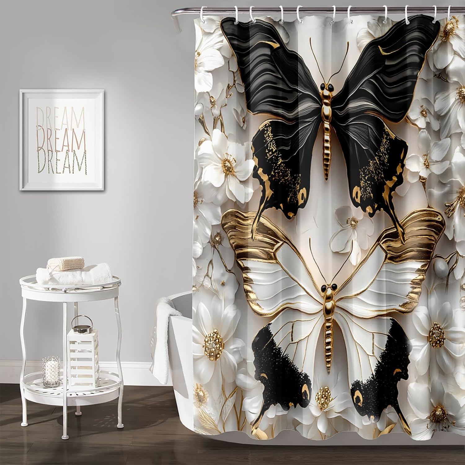 AILONEN Black and White Butterfly Shower Curtain for Bathroom,Gold Flower Butterfly Waterproof Bath Curtain 72" W x 72" H for Kids Girls Women