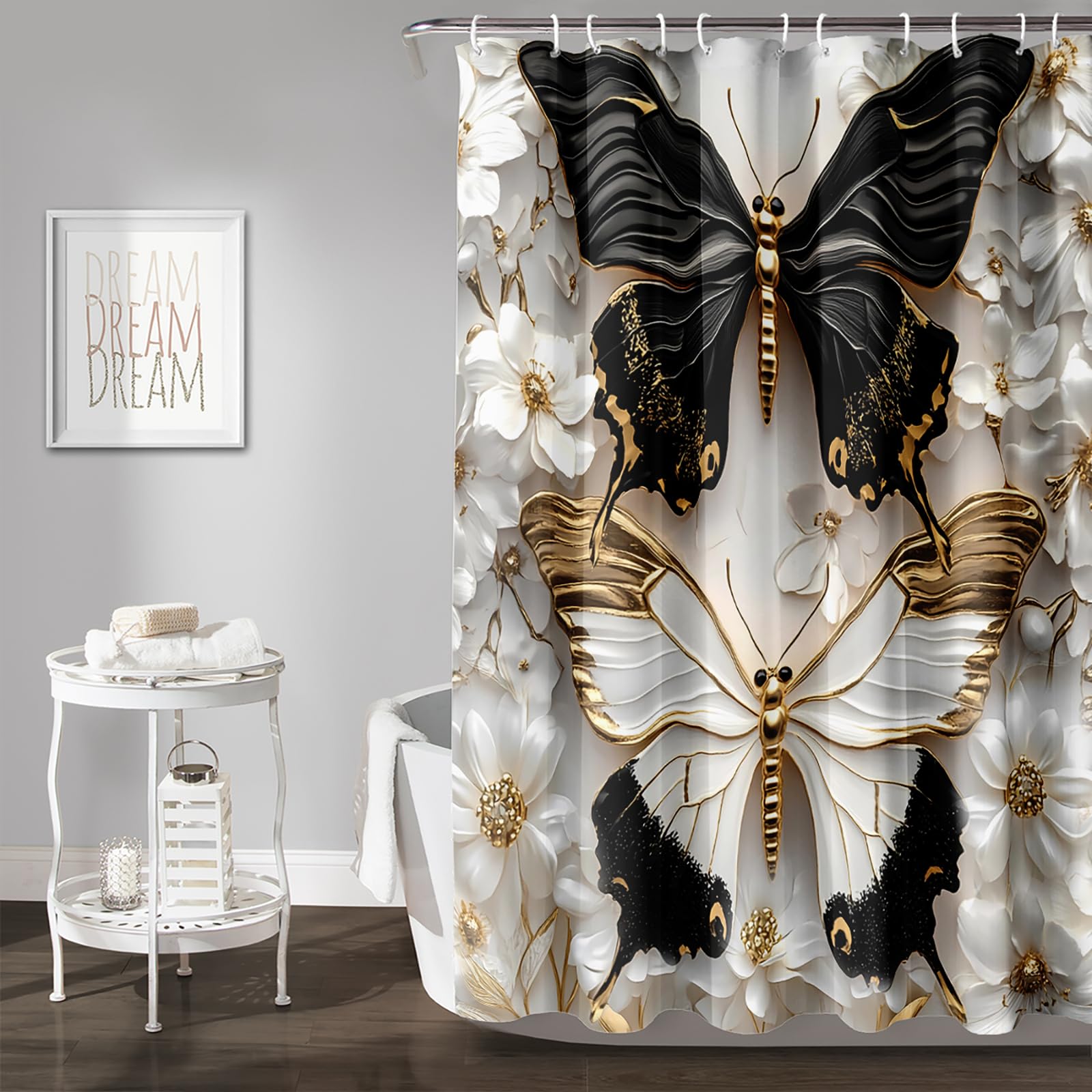 AILONEN Black and White Butterfly Shower Curtain for Bathroom,Gold Flower Butterfly Waterproof Bath Curtain 48