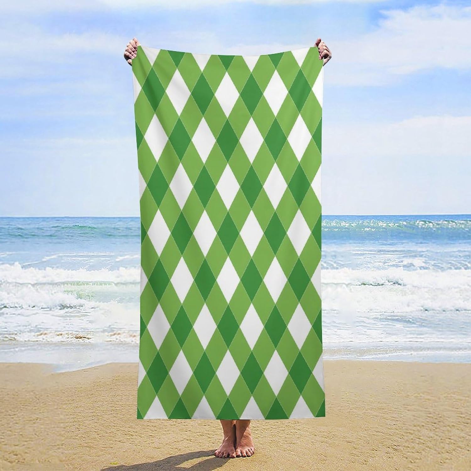 Green Argyle Bath Towel Beach Towels Quick Dry Oversized Bath Blanket Highly Absorbent Towel for Women Men 160x80cm