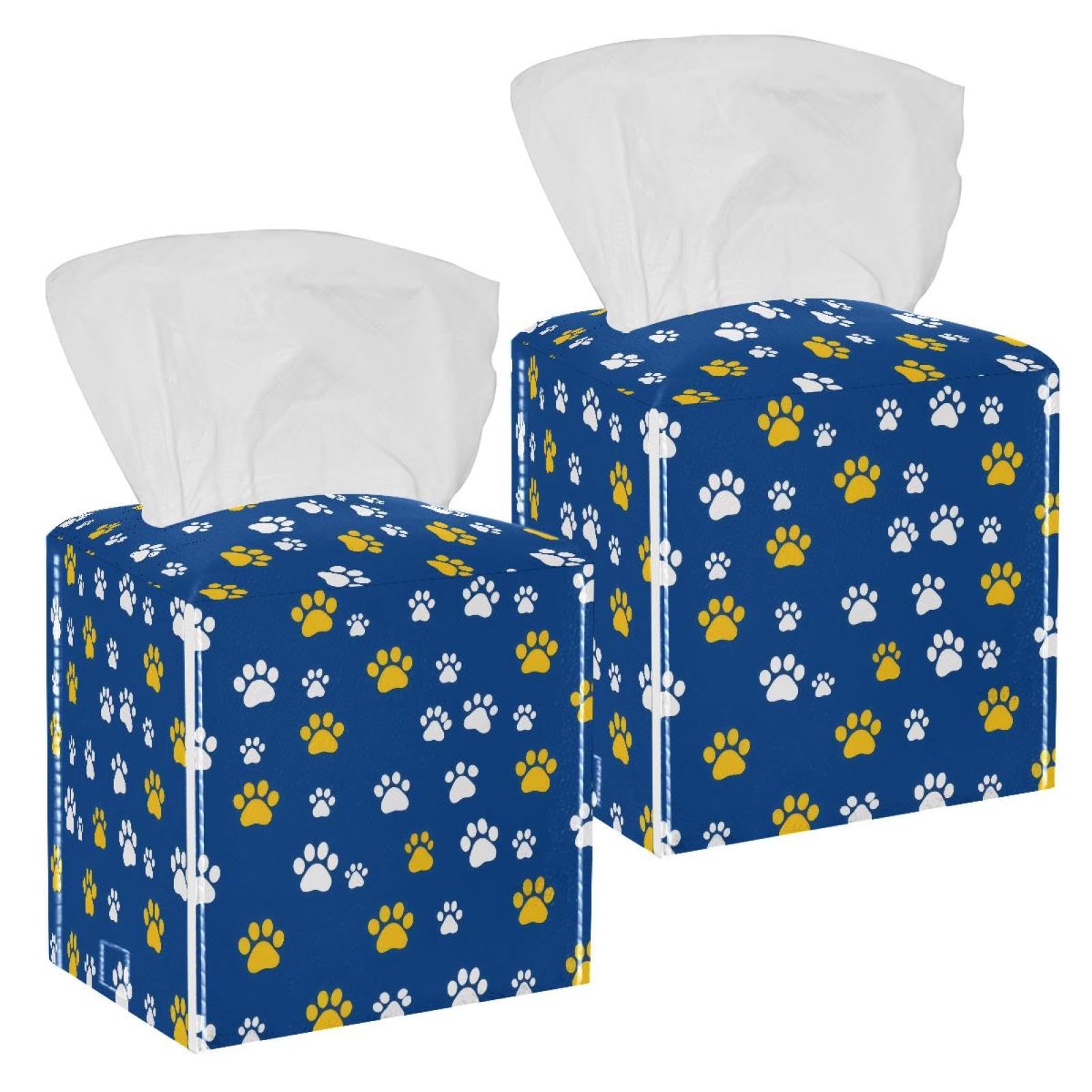 Dogs Paw Tissue Box Cover, 2 Pack PU Leather Square Facial Tissue Dispenser Box holder for Home Office Car