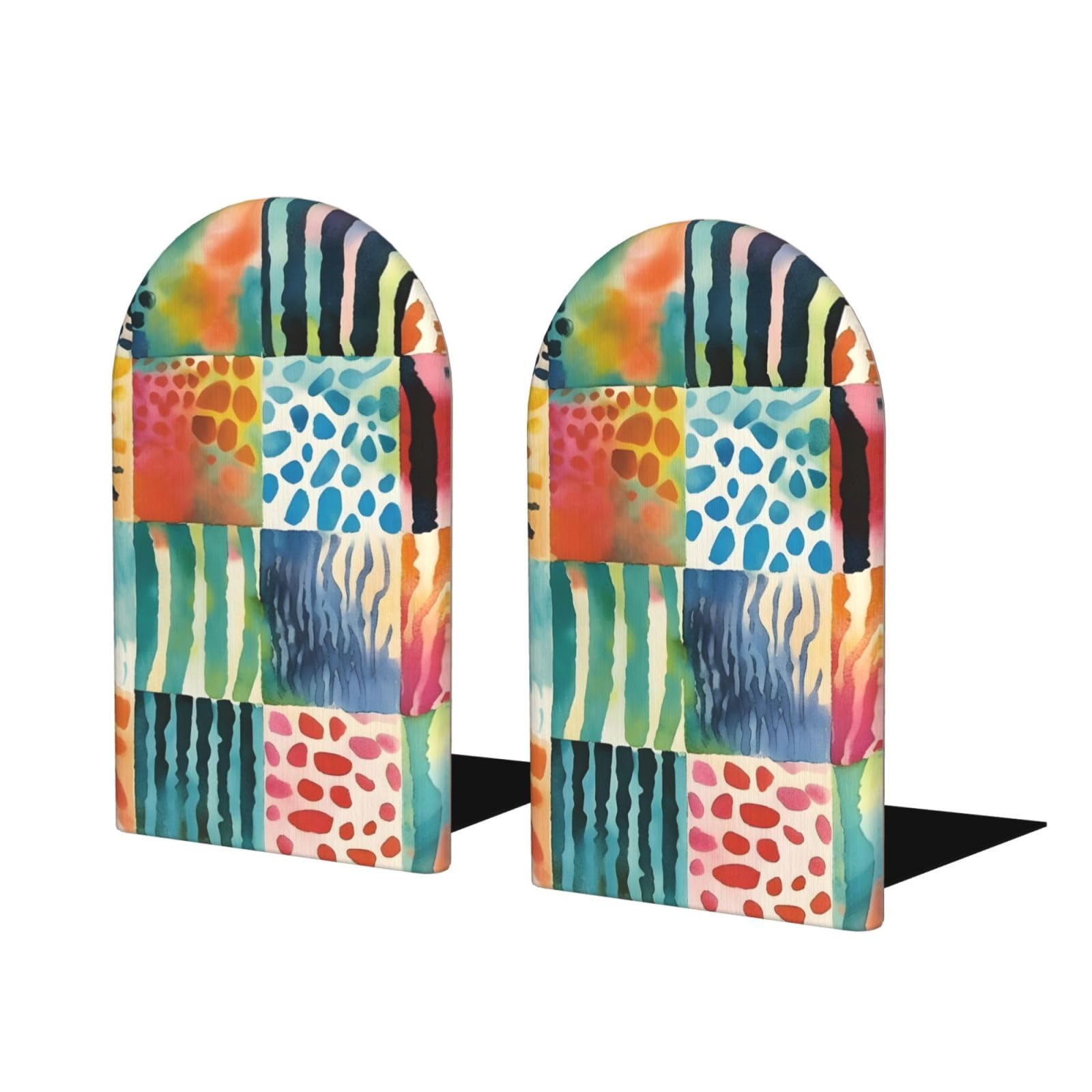 Wood Bookends for Shelves, Colorful Leopard Print Non-Skid Heavy Duty Wooden Book Ends for Bookshelf Organization and Display