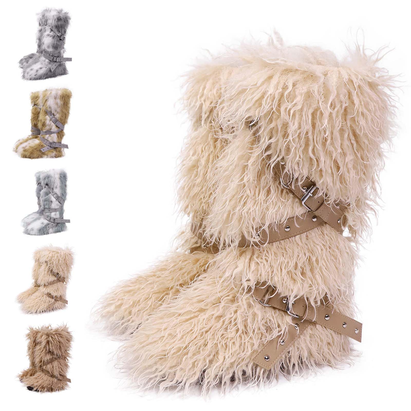 Faux Fur Boots for Women Warm Fuzzy Knee High Boots y2k Long Furry Snow Boot with Belt Studs