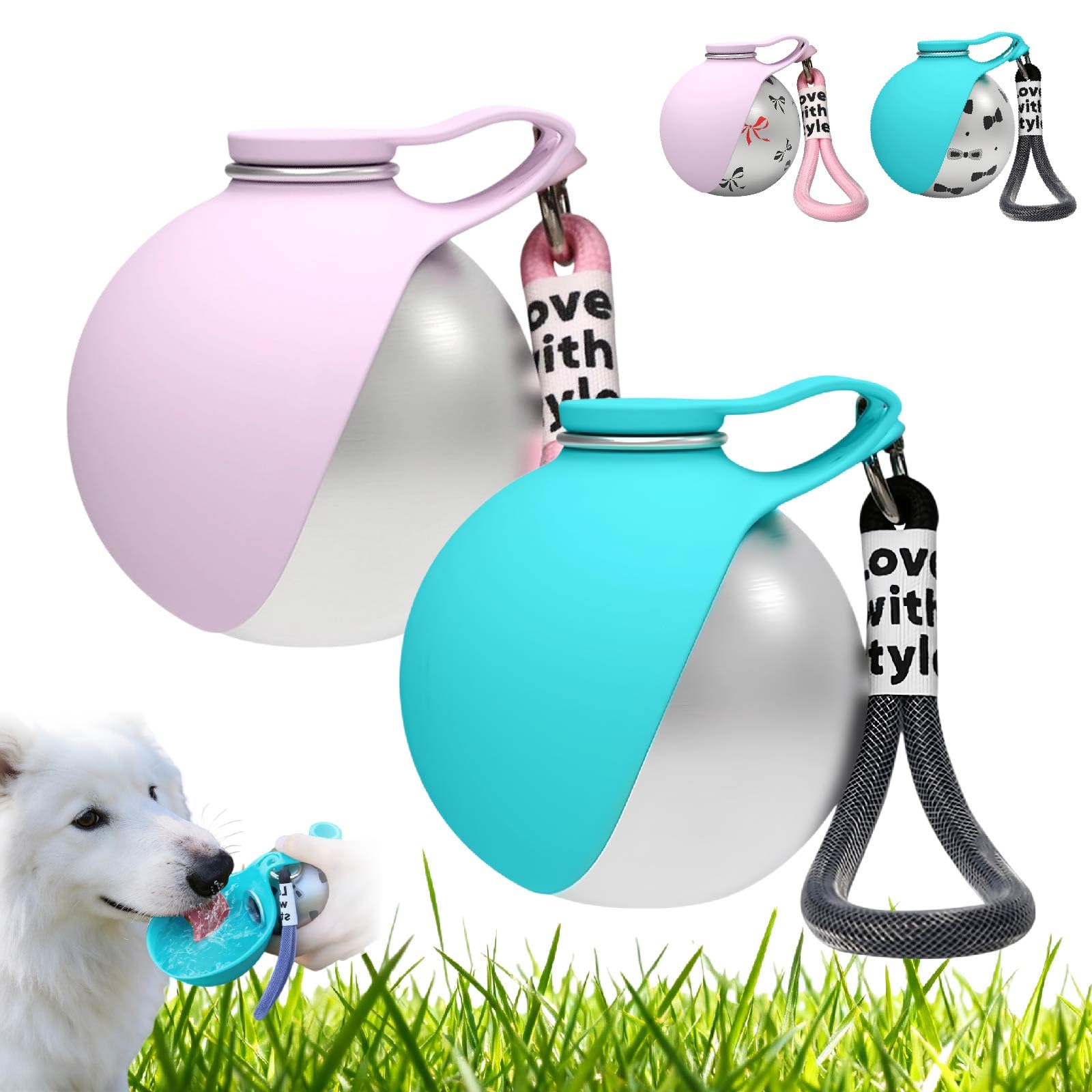 2-in-1 Dog Water Bottle- Portable Stainless Steel Dog Travel Water Bottle with Foldable Silicone Bowl, Leakproof 285ml Puppy Drinking Dispenser Flask for Walking (Pink+Blue)