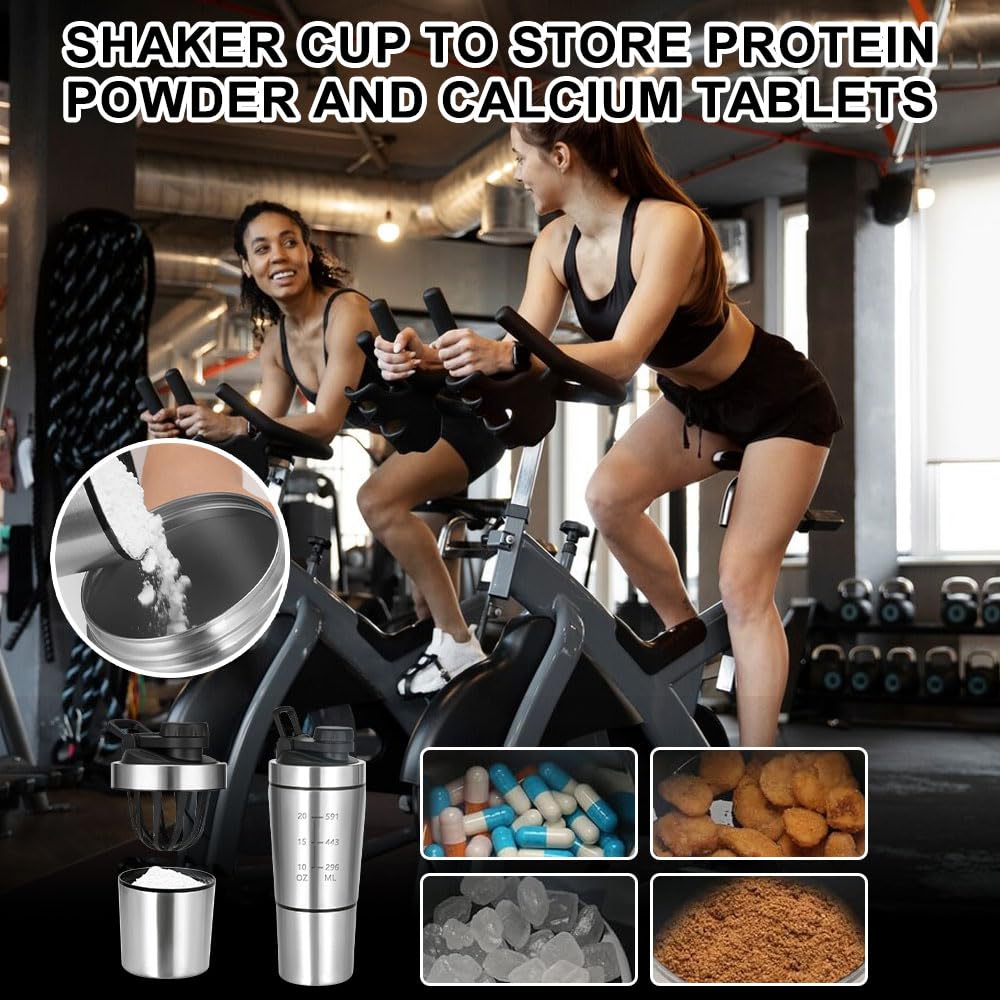 Shaker per Proteine in Acciaio Inox, 600+200ML Shaker per Proteine Fitness con Scomparto per Polveri, Senza BPA, per Palestra, Allenamento, Fitness, Sport
