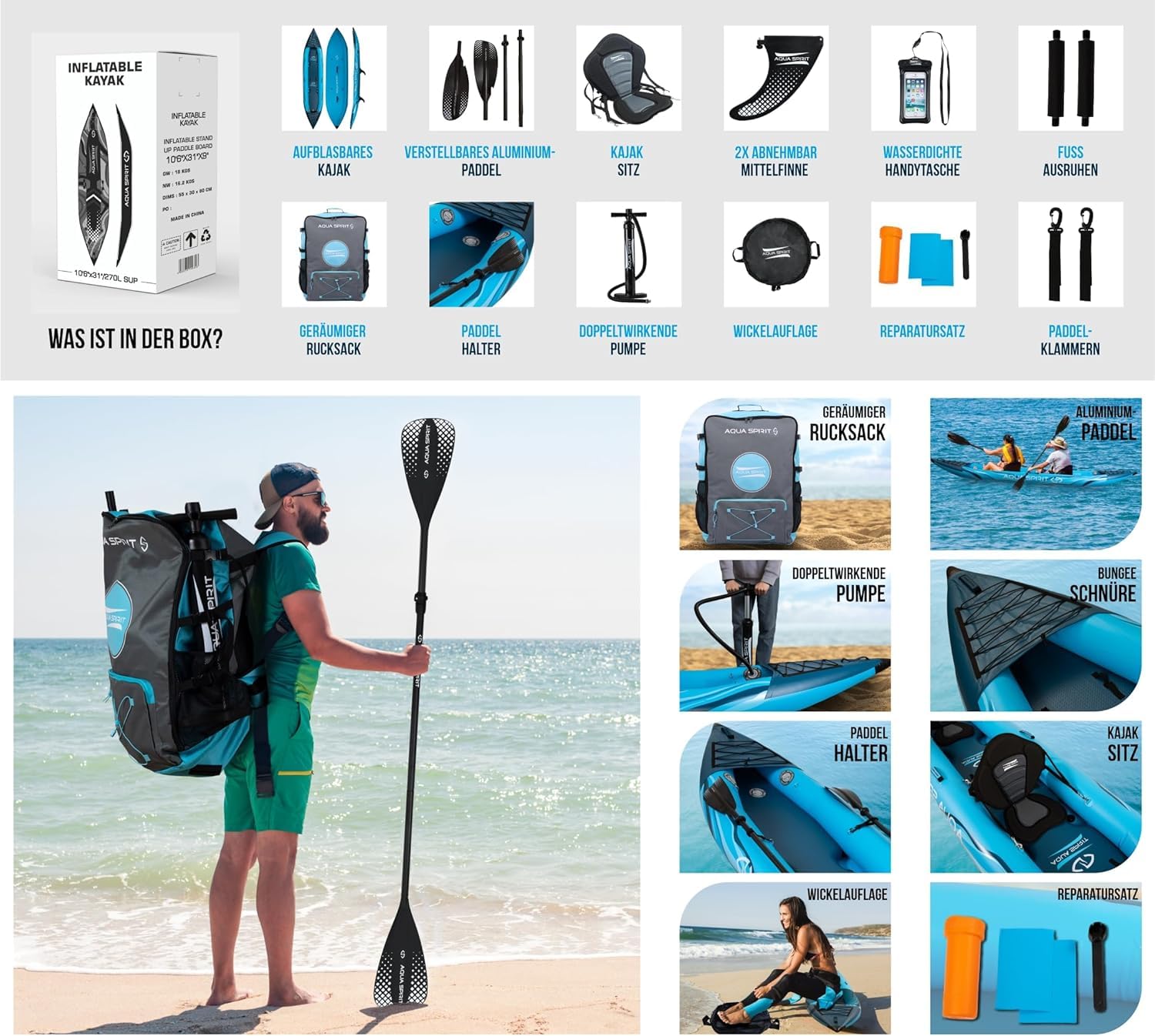 Aqua Spirit Aufblasbares Kajakbrett, 3,5 m, 1 oder 2 Personen, komplettes Kajak-Set mit Paddel, Rucksack, Doppelhubpumpe und mehr Zubehör, Erwachsene Anfänger/Experten
