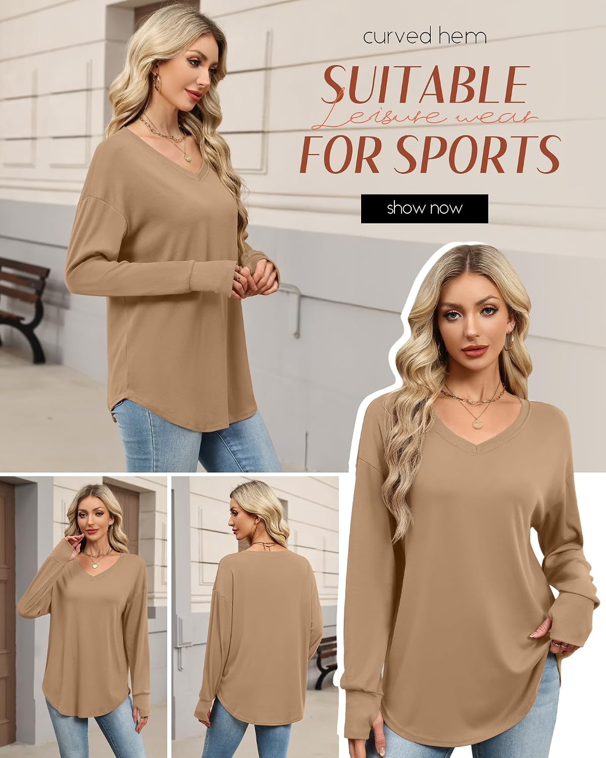 Oakgarden Women's Long Sleeve Shirt Oversized Cotton V Neck Curved Hem Top Knit Casual Loose Fit T-Shirt with Thumb Holes