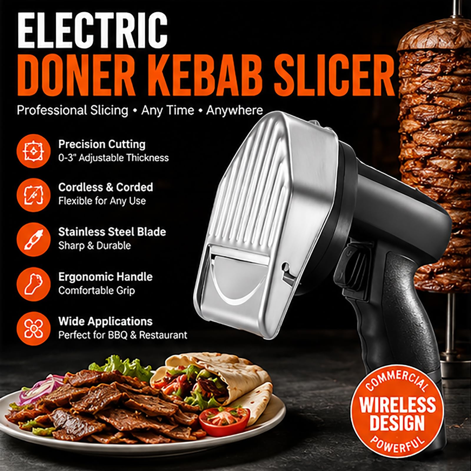 Cortadora eléctrica inalámbrica de Kebab, cortador de carne comercial 80W con cuchillas de acero inoxidable dual, espesor ajustable de 0-8 mm para barbacoa en el hogar y restaurante, diseño ligero y f