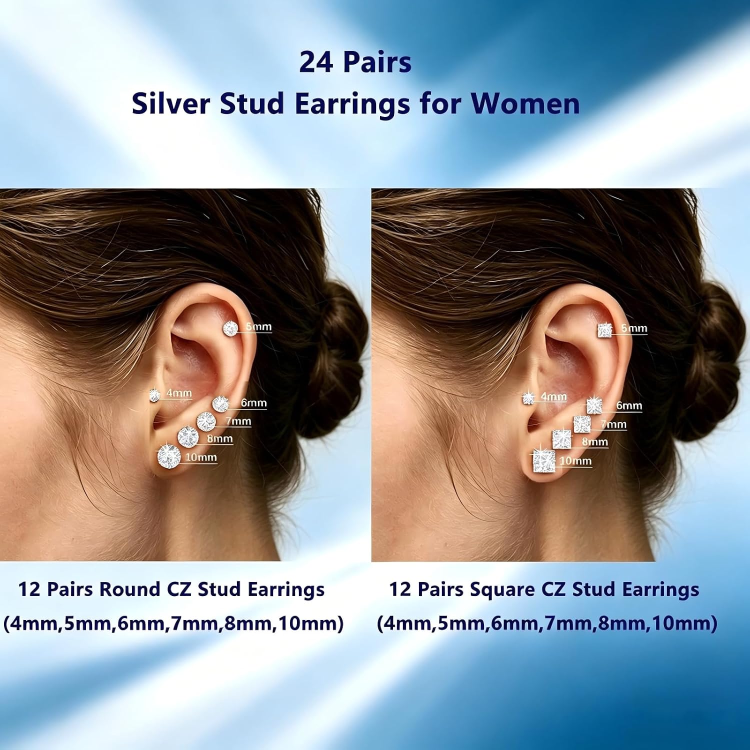 24 Pairs Hypoallergenic Cubic Zirconia Silver Stud Earrings Set for Women Men - Flat Back Surgical Stainless Steel Round & Square CZ Studs Set, Cartilage Earrings for Multiple Piercing Sensitive Ears