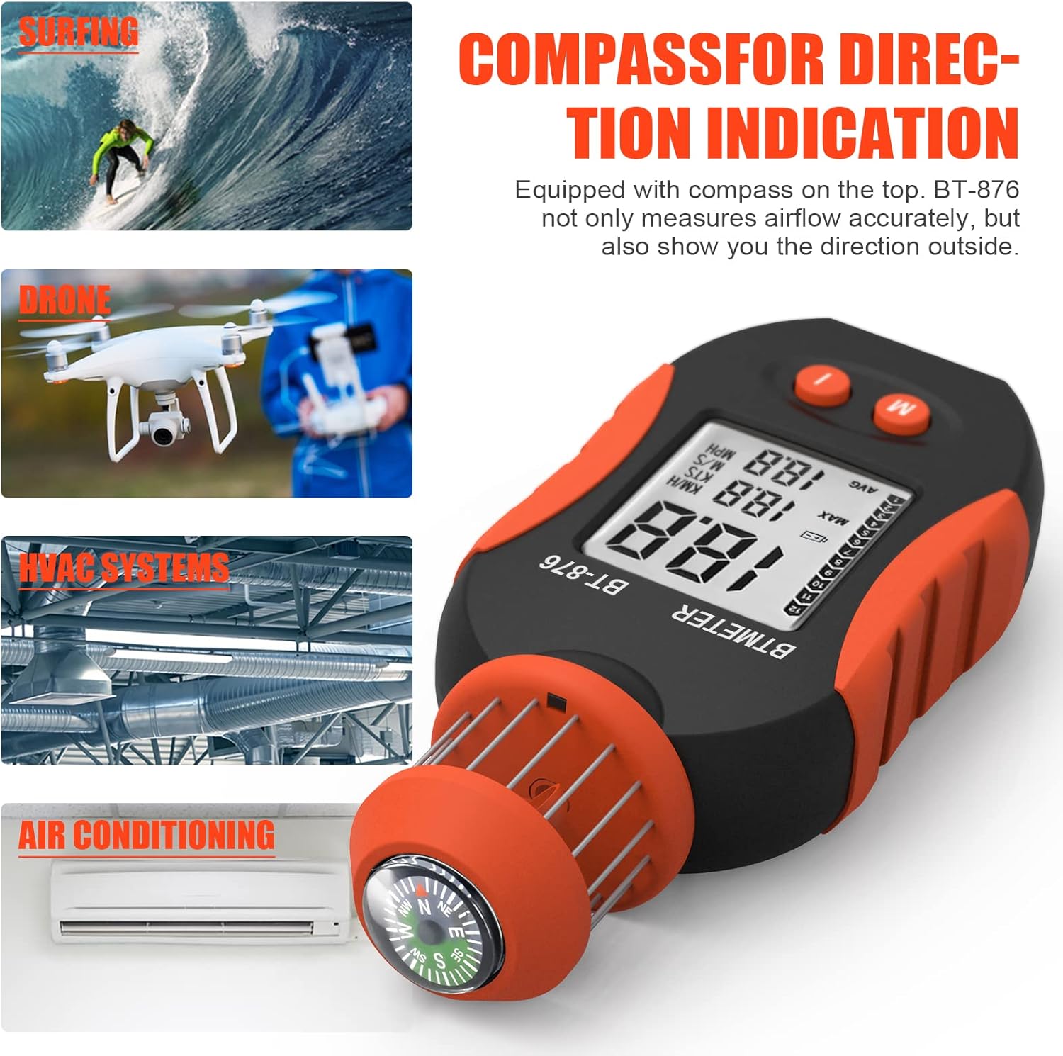 BTMETER BT-876 Handheld Cup Anemometer, Pocket Wind Speed Meter Measures 1.5~93 mph Air Velocity, with Average/Max Airflow Display for Drone Flight, HVAC, Sailing : Patio, Lawn & Garden